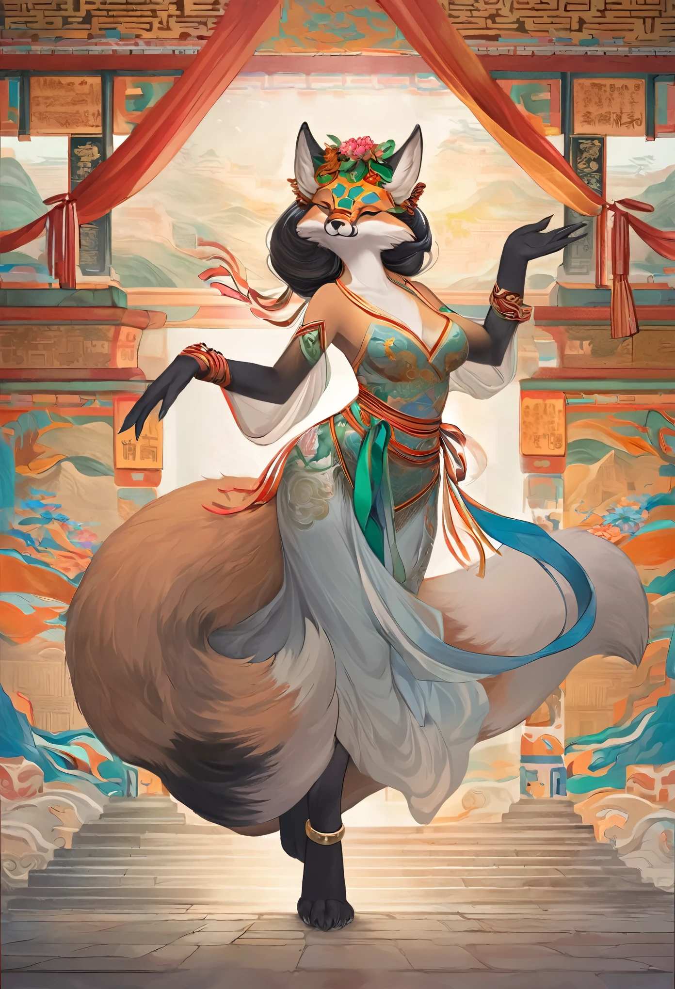 top quality, ancient Chinese beauty(highly detailed beautiful face and eyes)absurdres, perfect anatomy((beast woman, solo focus)) (((furry))) (furry anthro:1.7) ((((Furry body, fox facial features, fox body features)))) ((fox's muzzle, very detailed body fur))full body, dancing pose, gorgeous dress embroidered with intricate embroidery, transparent colorful ribbons tied around her arms, bare shoulders, open neck, wreath, black bun with flower hairpins Belts, armbands with streamers, necklaces, bracelets, anklets, metal chain tassels around the waist, Mogao Grottoes art, inspiration from Dunhuang Flying Apsaras murals, ink wash,