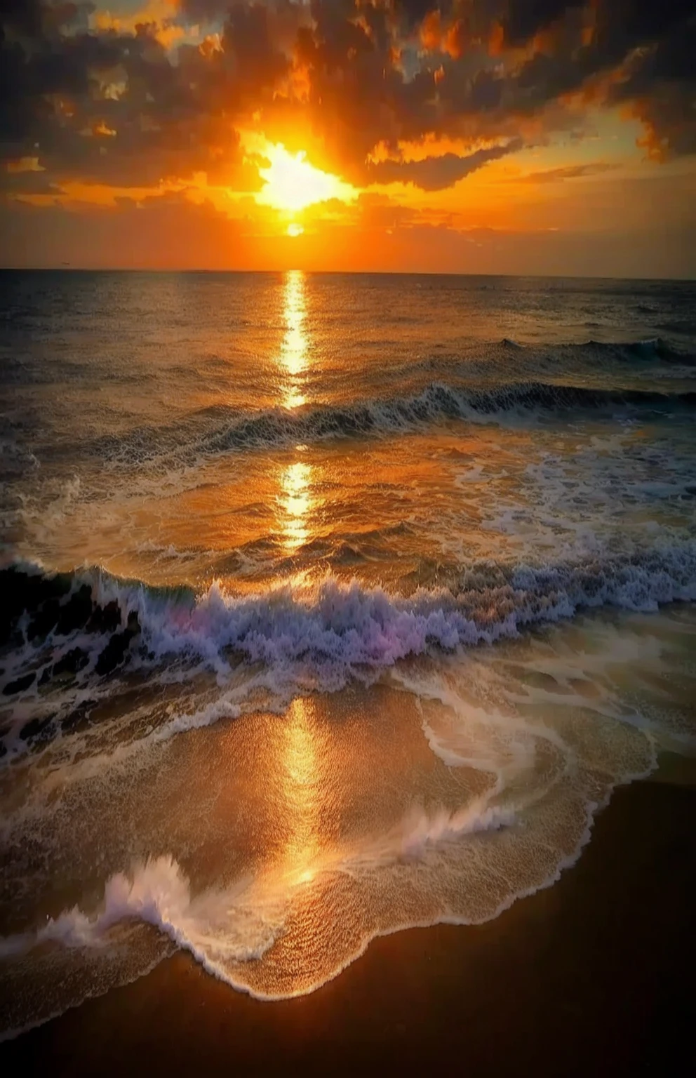 An absolutely mesmerizing sunset over the beach, with a blend of oranges, pinks, and yellows filling the sky. Crystal-clear waters of the sea gently kissing the shore, with sandy white beach stretching far and wide. The scene is dynamic and breathtaking, with seagulls soaring high in the sky and gently swaying palm trees. Take in the calming atmosphere and let the peacefulness wash over you.
