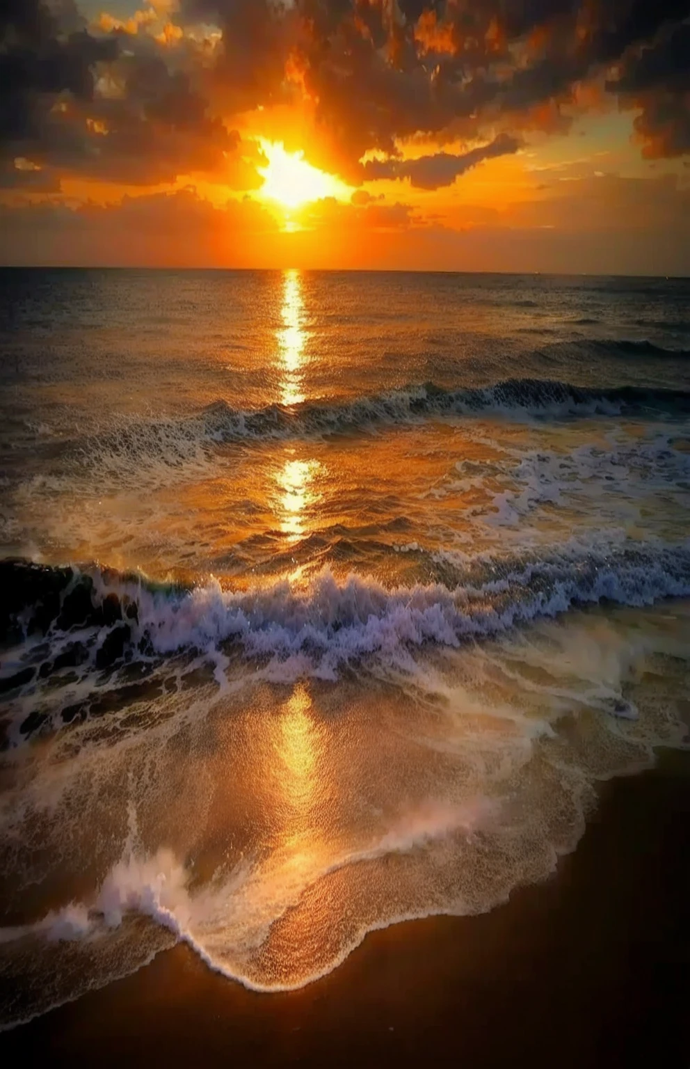 An absolutely mesmerizing sunset over the beach, with a blend of oranges, pinks, and yellows filling the sky. Crystal-clear waters of the sea gently kissing the shore, with sandy white beach stretching far and wide. The scene is dynamic and breathtaking, with seagulls soaring high in the sky and gently swaying palm trees. Take in the calming atmosphere and let the peacefulness wash over you.