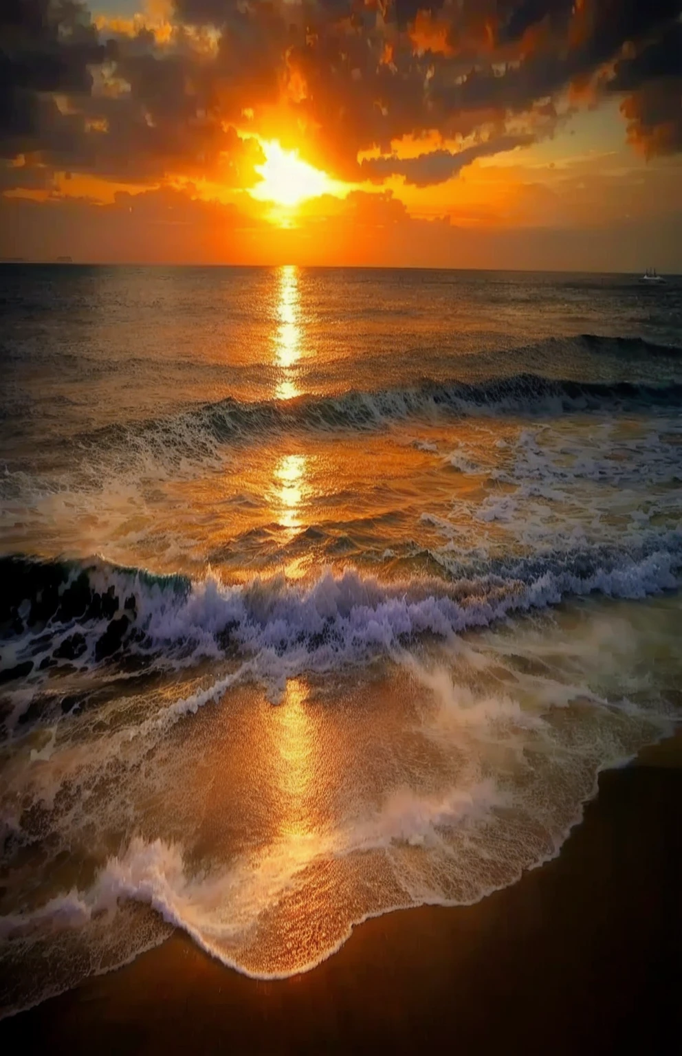 An absolutely mesmerizing sunset over the beach, with a blend of oranges, pinks, and yellows filling the sky. Crystal-clear waters of the sea gently kissing the shore, with sandy white beach stretching far and wide. The scene is dynamic and breathtaking, with seagulls soaring high in the sky and gently swaying palm trees. Take in the calming atmosphere and let the peacefulness wash over you.