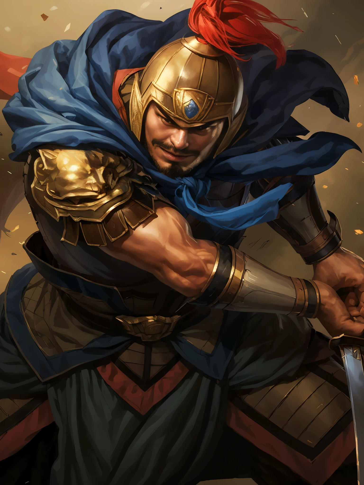 Arafad image of a man holding a sword and helmet, Fantasy card game art, author:Juan O'Gorman, persian warrior, epic Fantasy card game art, Wearing heavy armor、Ares holding a sword, author:Roman Bezpalkov, photo of adult male warrior, full art illustration, full art, Hearthstone card art, Casimir Art, Warrior concept art