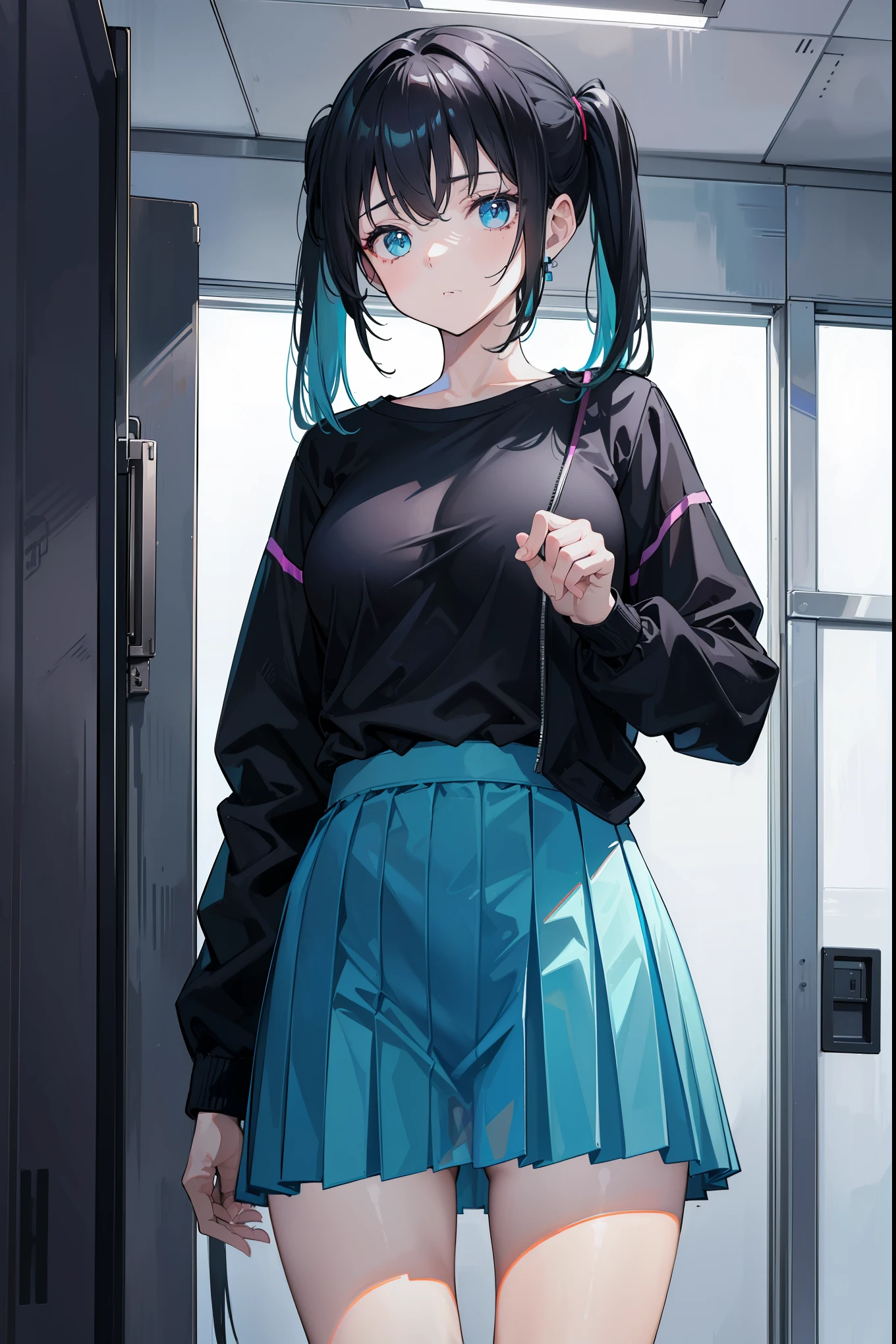 (high-quality,highres,realistic)A school girl, wearing a black shirt underneath a cyan jacket. She has a skirt on and is also wearing see-through panties. Standing, looking down at the viewer, she is changing clothes in the locker room, removing jacket, (pov from below)