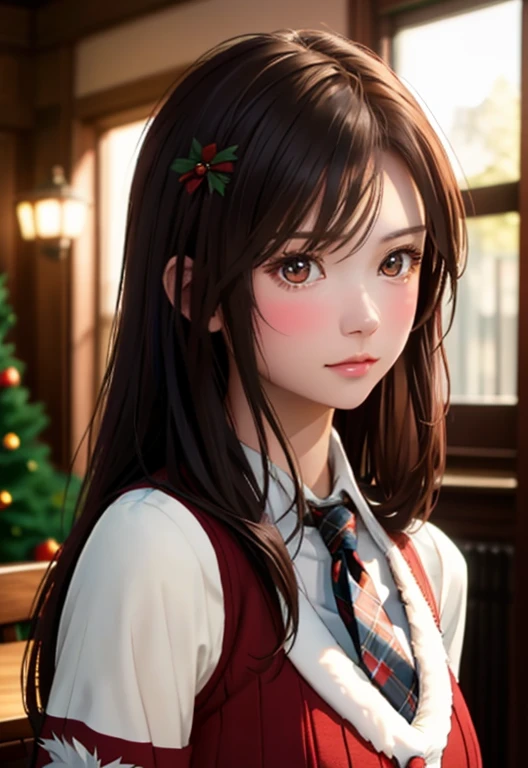 8k, highest quality, Tabletop:1.2), (Realistic, Photorealistic:1.37), highest quality, Tabletop, Beautiful young woman, Pensive expression,、attractive、そしてattractive表情, Cute Santa outfit, Tie your hair back, Movie Background, Light skin tone