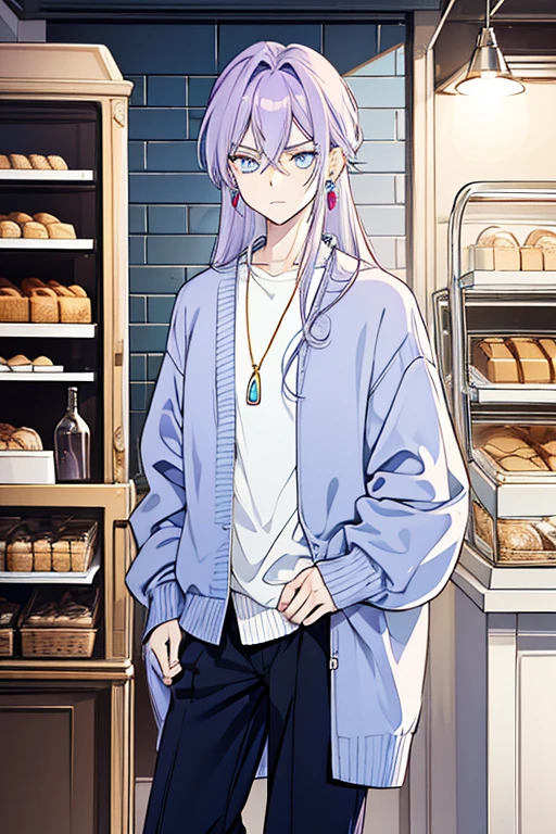 Androgynous guy with long lilac hair. He has amber eyes and looks unimpressed. He's wearing a soft blue cardigan and casual pants with opal vertical earrings. He's in a bakery