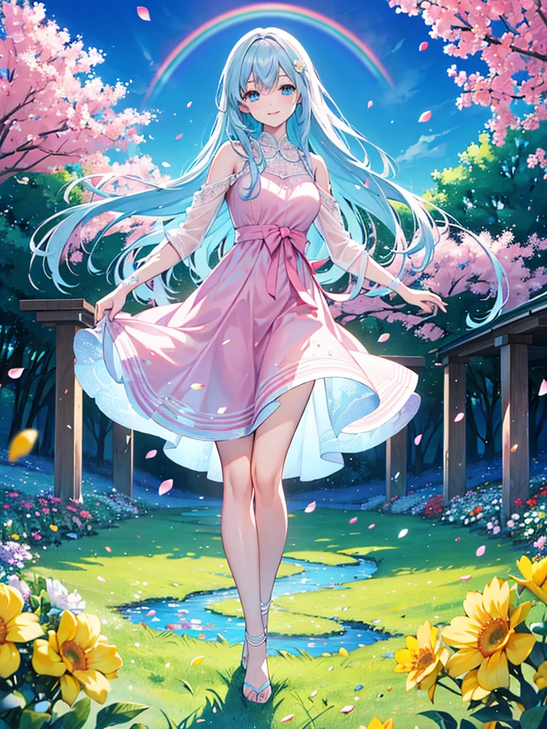 (best quality,4k,highres), realistic, HDR, full body, a girl, pink long hair, pink dress, blue eyes, smiling, detailed beautiful eyes, detailed beautiful lips, head straight staring into the viewer, dancing position, warm light, blue sky, standing in the middle of a rainbow flowers garden, vibrant colors, soft lighting, joyful expression, delicate facial features, flowing movement, vibrant and lively atmosphere, abundant flower petals, lush green grass, peaceful ambiance, surrounded by a variety of colorful flowers, gentle breeze, captivating and enchanting scenery.