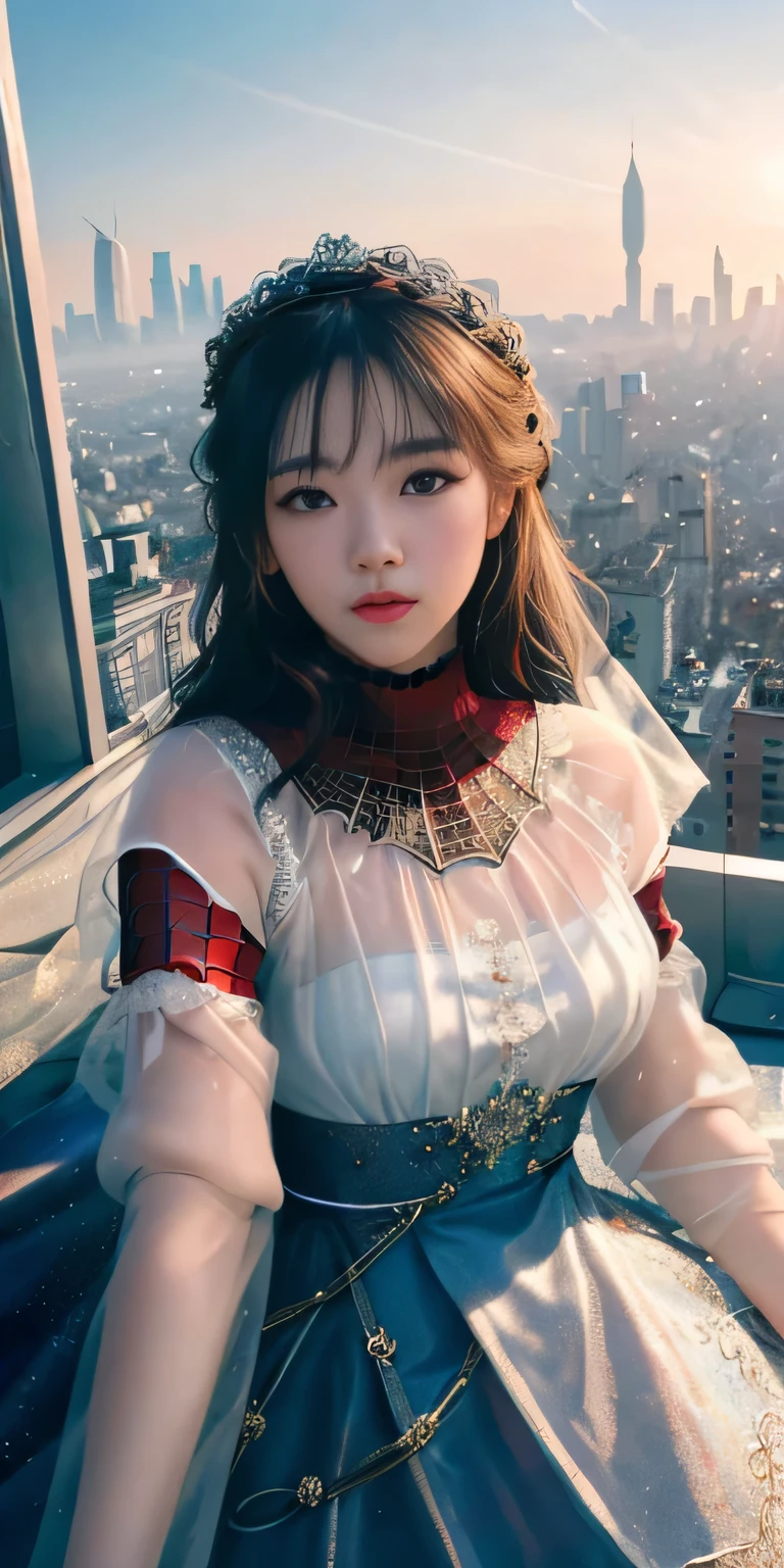 (1 girl:1.3), alone, (((Very detailed face)))), ((Very detailed eyes and face)))), Beautiful detailed eyes, body parts__, official art, All-in-one 8k wallpaper, Extremely detailed, beautiful and beautiful, beautiful, Masterpiece, best quality, manuscript, Masterpiece, The photos are very beautiful., best quality, Ultra high resolution, immersive realism, sunlight, full body picture, incredible beauty, dynamic gesture, delicate face, bright eyes, (from the front), She wears a Spiderman costume., Red and black color scheme, spider, Very detailed city roof background., Roof top, overlooking the city, detailed face, Detailed complex busy background, tangle, beautiful, milky white, Highly detailed skin, realistic skin details, visible pores, Clear focus, Volumetric mist, 8k uh, DSLR, High quality, Film texture, beautiful skin, Photo realism, Lomography, Dystopian metropolis of the future, translucent
