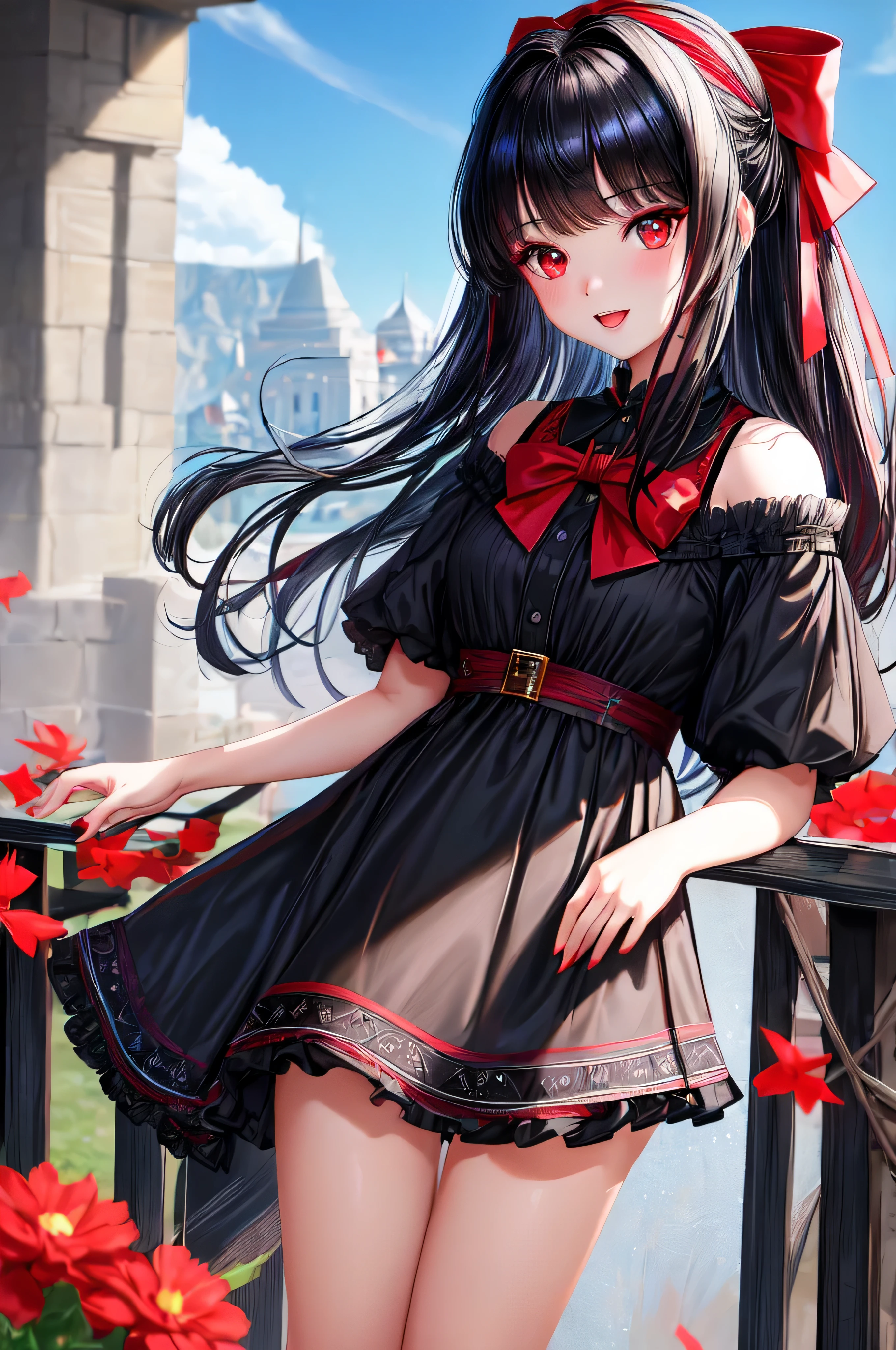 masterpiece, highest quality, Super detailed, High resolution, Highly detailed CG, Face Focus, One Girl, Early teens, ((Blue-black hair and red eyes)), , Wear a black dress, Black checked skirt, bangs, Shilong Hair,Bangs vertical roll、 bow, Hair bow, Red ribbon, Laughter, Bobcut, Portraiture,