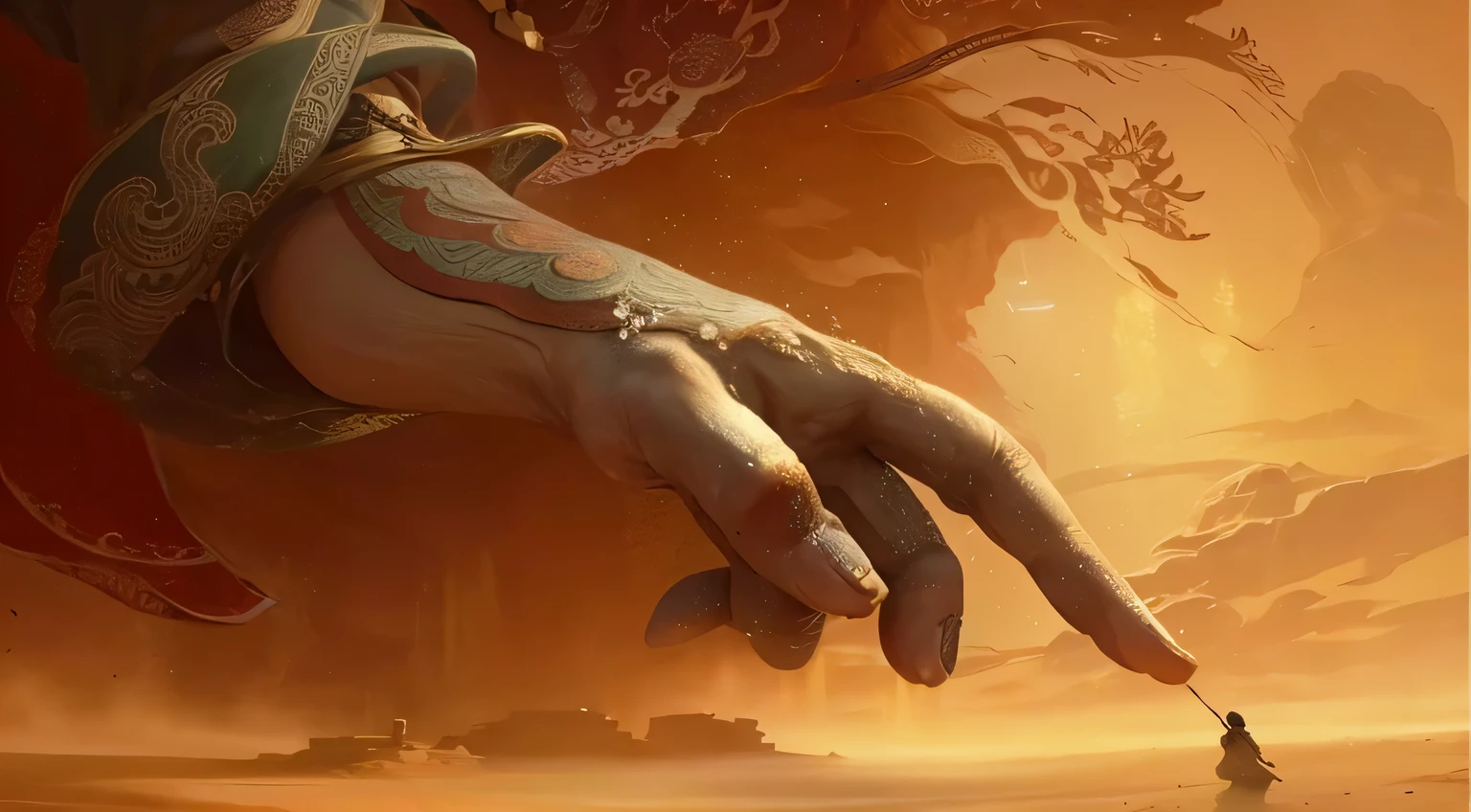 Painting of a woman reaching for a giant hand in the desert, Dunhuang painting style religious patterns traditional Chinese style