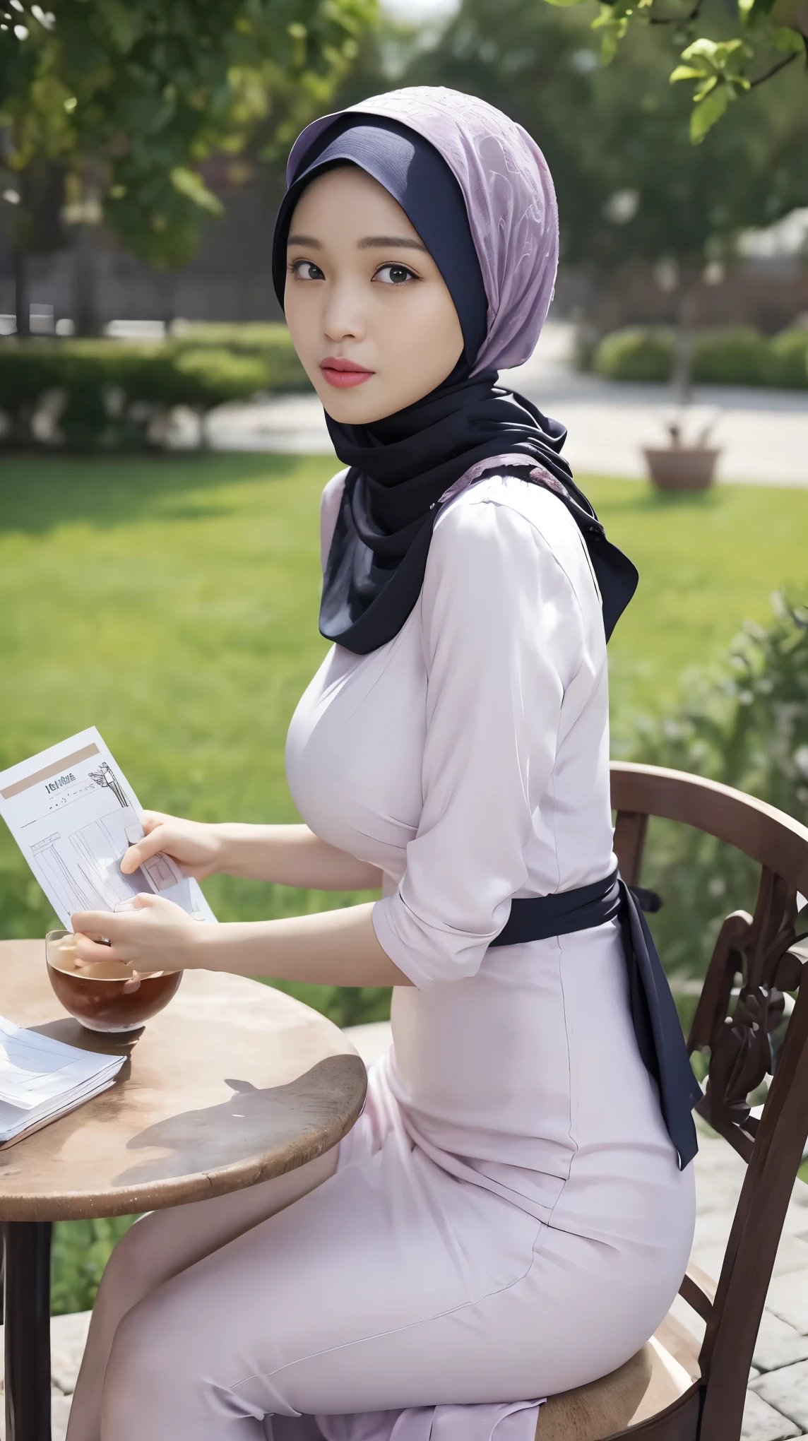 (((holding a brochure show it to viewer))), Hyper realistic, Beautiful, cute Face,  Indonesian women, (wearing hijab), light purple kebaya dress, luxury necklace, White Skin, sitting on chair, terrace, Perfect Potrait, Bokeh Effect, Look at Viewer, Perfect Eye, Perfect Hand, Perfect Finger, side view,  full body shot, face incredibly detailed, lips, realistic skin, solo,medium breasts,skin tight, puffy ,facial, masterpiece,best quality, Intricate, High Detail, dramatic, wide view