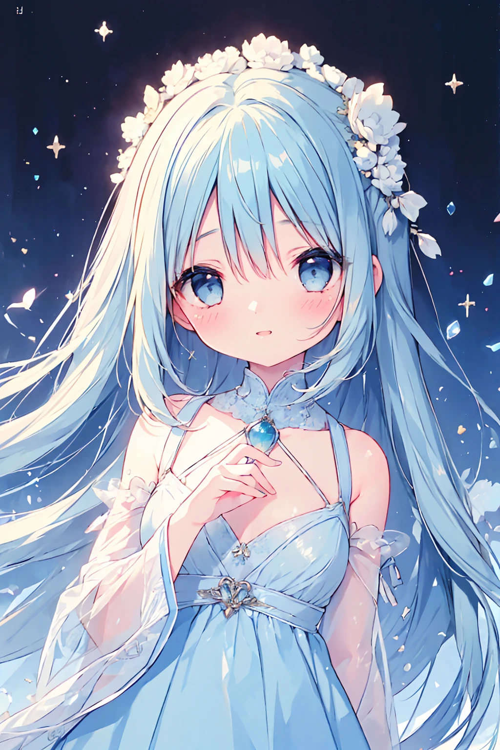 masterpiece, best quality, extremely detailed, (illustration, official art:1.1), 1 girl ,(((( light blue long hair)))), light blue hair, ,12 years old, long hair ((blush)) , cute face, big eyes, masterpiece, best quality,(((((a very delicate and beautiful girl))))),Amazing,beautiful detailed eyes,blunt bangs((((little delicate girl)))),tareme(true beautiful:1.2), sense of depth,,, affectionate smile, (true beautiful:1.2),,(tiny 1girl model:1.2),)(flat chest)),, face,absurdres, highres, ultra detailedBREAK(one girl:1.5), (make-up, blue eyeliner, red lipswax:1.2), vivid, sparkling pupils, (close-up), beautiful dress, standingBREAK(kaleidoscope:1.1), azulejo patterns, Portuguese tiles, ceramic designs, decorative art, colorful motifs,BREAKtrendy styles, haute couture, fashion shows, clothing design, personal expression, evolving trends, creative outfits ,