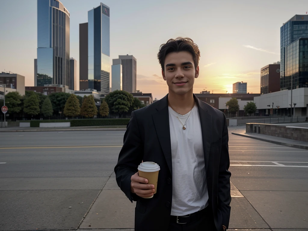 a 20-year-old man in a city, wearing stylish clothes, with a confident expression, standing in front of a modern building, surrounded by skyscrapers, during a beautiful sunset. He has well-groomed dark hair, piercing eyes, and a charming smile. The man is holding a cup of coffee in his hand and there is a book in his bag. The image quality is of the highest level, with ultra-detailed features and realistic rendering. The colors are vibrant and the lighting accentuates the warm tones of the sunset, creating a mesmerizing atmosphere. The overall style should enhance the sense of urban sophistication and modernity.