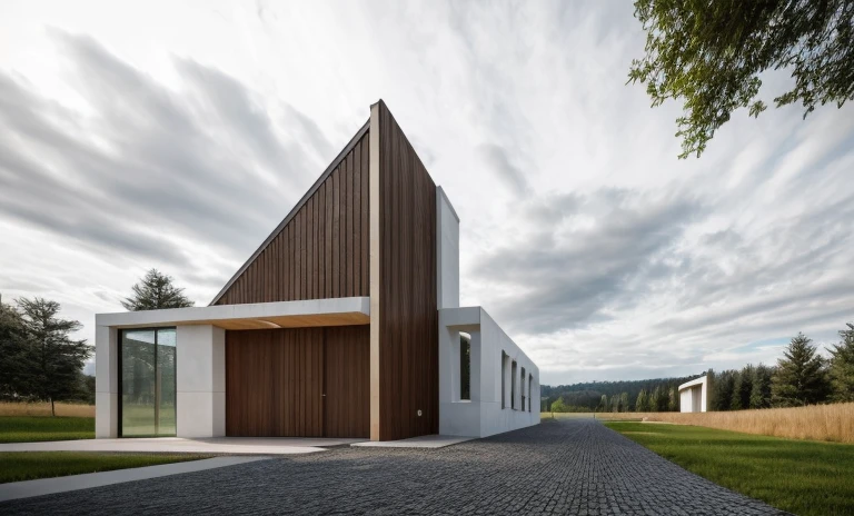 perspective of  exterior ((church)), contemporary style, white wall, wood wall, wood door, glass window, (realistic:1.2), Masterpiece, high quality, best quality, authentic, super detail, outdoors,road,pavement, grass, trees, sky, cloud, (daylight:1.1)
