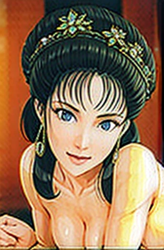 {best quality}, {very aesthetic}, {ultra-detailed}, {best illustration},NSFW,mature female,Perfect Face,Suikoden,Mrs. Lin,{full_nude},{full_body},big breast,big nipple,Pubic hair of the same color as the hair,Eyes downcast,skinny, Undressing, sex, girl lying on the bed,chinese traditional style bed,