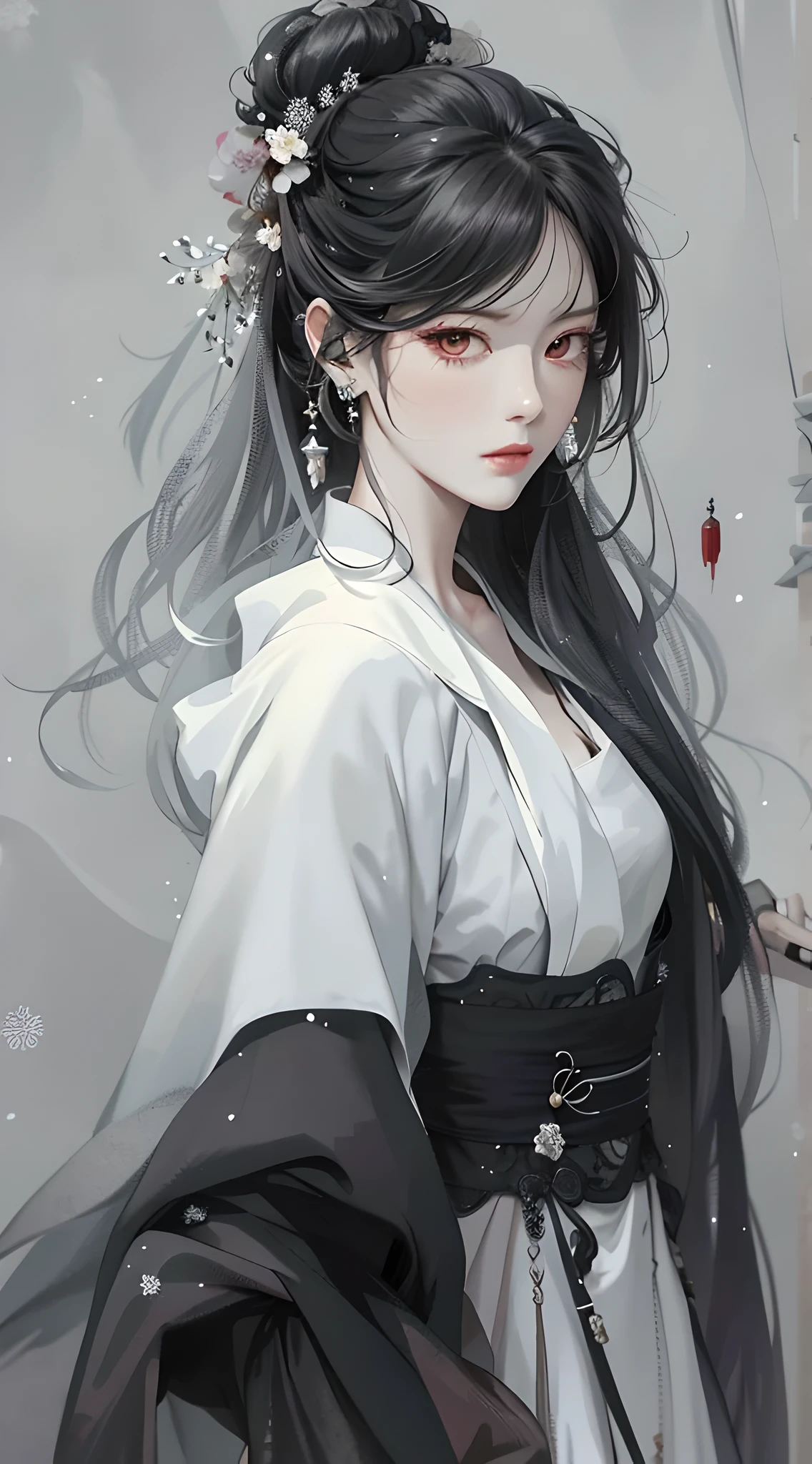 Masterpiece, Superb Style, Rainy Day, Chinese Style, Ancient China, 1 Woman, Light Gauze Dress, Ink Painting, Mature Woman, Silver-White Long Haired Woman, Hair Over Shoulder, Pale Pink Lips, Indifference, Seriousness, Bangs, Assassin, Sword, White Clothes, Blood, Facial Bloodstains, Facial Details, Correct Proportions, This painting was created in Guweiz style and depicts an oil painting of a woman with long hair. The entire painting features a palette of white and black. The woman's face is very realistic female faces, which are loved by the audience. Presented in a meticulous drawing style. The women's white hair is like snow, the eyes seem to be full of watery red eyes, exuding a mysterious atmosphere, the women are dressed in elegant and exquisite clothing, and the whole painting shows a high degree of skill.