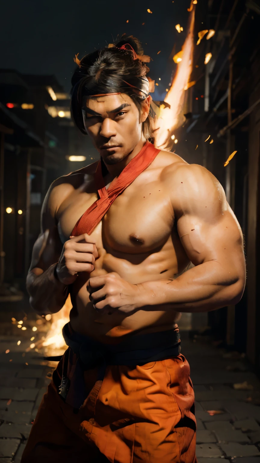 (best quality,highres:1.2),realistic,masterpiece:1.2,portrait,colorful,studio lighting,fireball,street fighter,character design,brave warrior, Japanese martial artist, muscular physique,intense gaze,focused expression,headband,red and white gi,black belt,fiery aura,action pose,flaming fists,heat and energy,radiating power,combative stance,vivid colors,energy blast,highly detailed fire effects,street fight backdrop,credible muscle definition,smoke and sparks,eye-catching composition,attention to facial features.