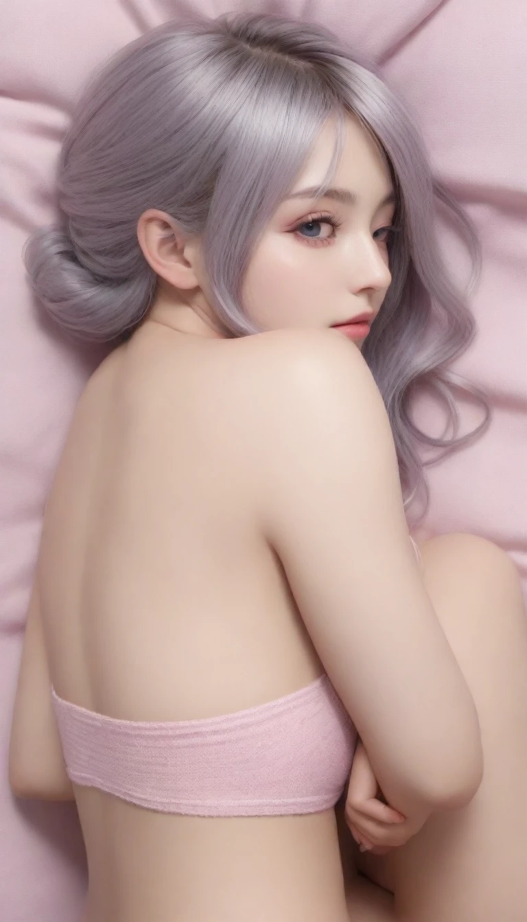 (((on the beds、Woman sleeping face down)))、((posterior view)),(Looks Back)(The back visible)、(Sleeping face down)1 girl, Silver hair, striated hair, Bangs, Blunt bangs, Long hair, Pink hair, aqua eyes, longeyelashes, Purple eyes, makeup, Smile, Parted lips, Realism, Verism, surrealism, depth of fields, One-person viewpoint, F/1.8, 135 mm, canon, nffsw, retinas, masutepiece, ccurate, Anatomically correct, Textured skin, Super Detail, high details, High quality, Best Quality, hight resolution, 1080p, hard disk, 4K, 8K、((Off-the-shoulder pure white hand-knitted sweater dress、(stick out buttocks)((Pink T-back panties, Visible)),((sexypose))、(camel's toe),((No skirt))、(camel's toe),shinny skin。realisitic、Photorealsitic:1.37)、(Kpop Idol)、Medium Hair、(Pink blush)、(illuminating)、(solo)、dynamicposes (Slim legs)、erotick、nffsw、Highly detailed ambient occlusion、超A high resolution,