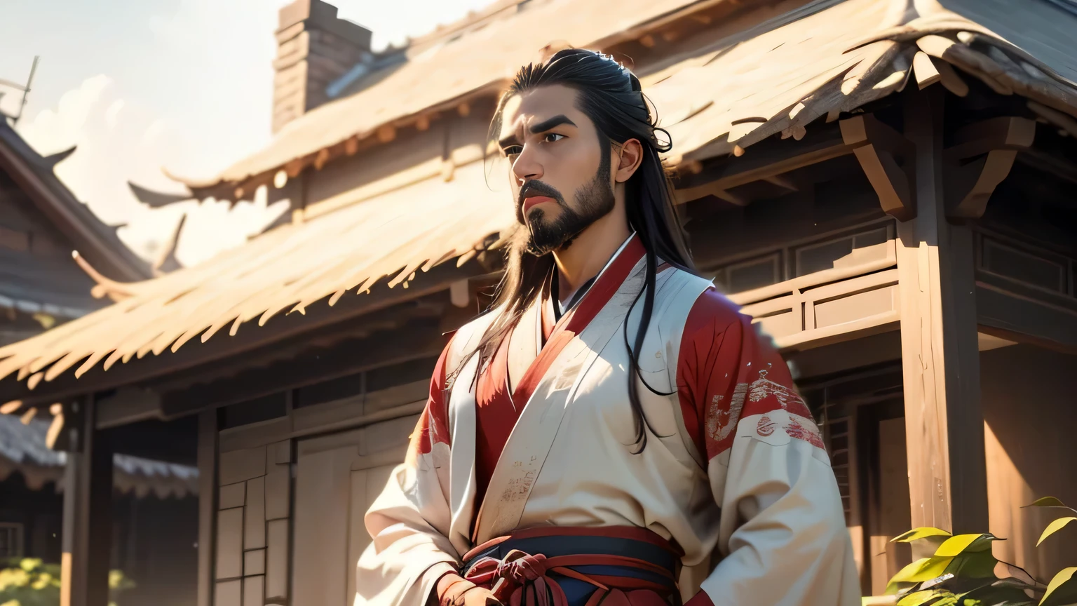 Next to a thatched house,A young father,Long black hair,Around 30 years old,have a beard,Wearing white Hanfu,Dumbfounded,Speechless,surprise,Look to the sky,Howl