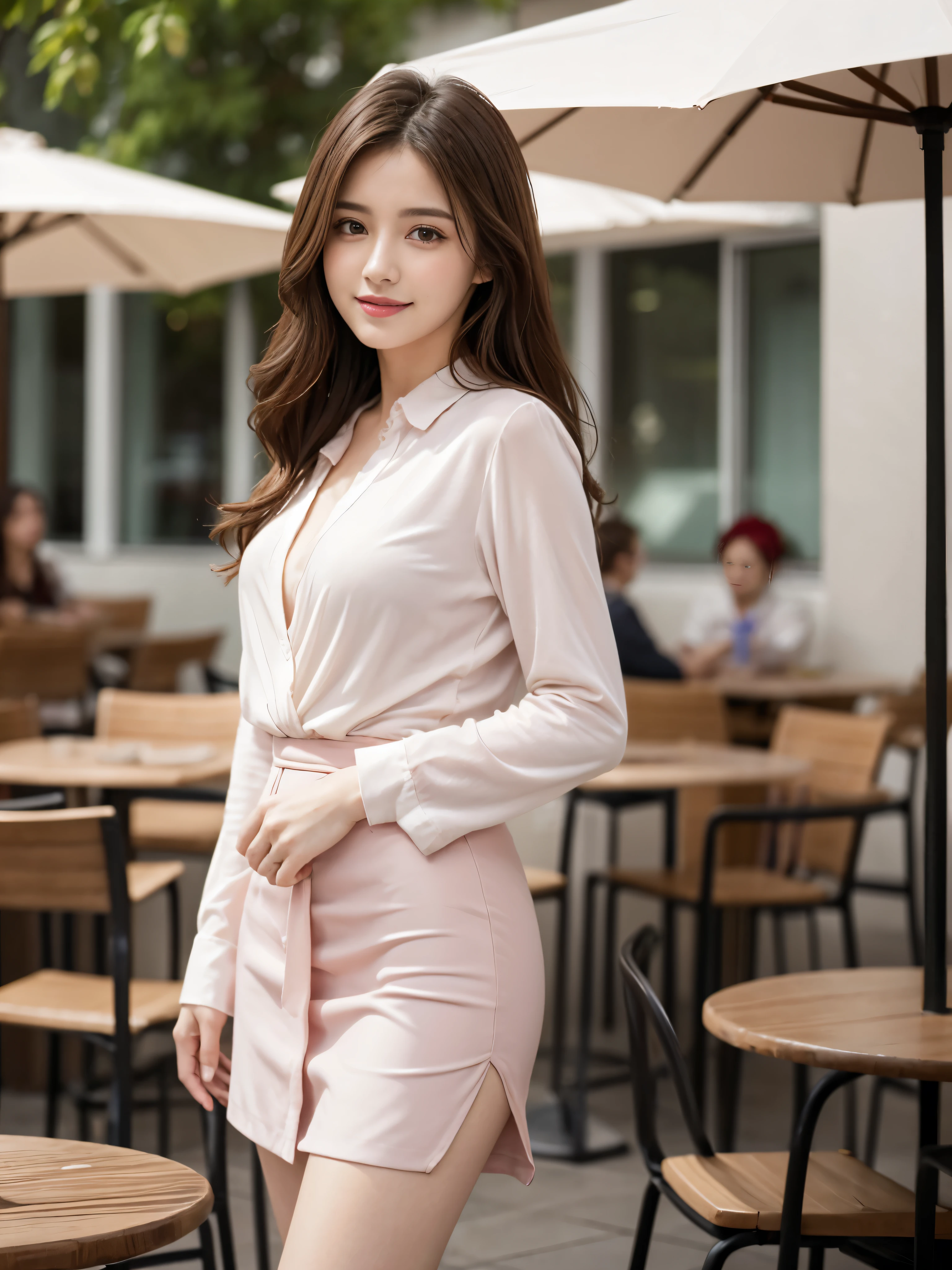 best quality, realistically, super detailed, detailed pubic hair, High resolution, 8k wallpaper, 1 beautiful woman, Pink wet lips, light brown messy hair, wearing a crimson suit, shirt, white skirt, lock focus, perfect dynamic composition, beautiful eyes, delicate hair, Detailed realistically skin texture, smile, close up portrait, model body shape, On the open terrace of the cafe, blurred background, (full body shot), Shooting from a distance, Random Body Orientation,