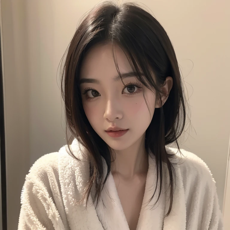 highest quality,28-year-old female,Height: 164 cm,Bust 96cm,My hair is wet after the bath,Wearing a bathrobe,The front of her bathrobe is wide open.,Looking at the camera