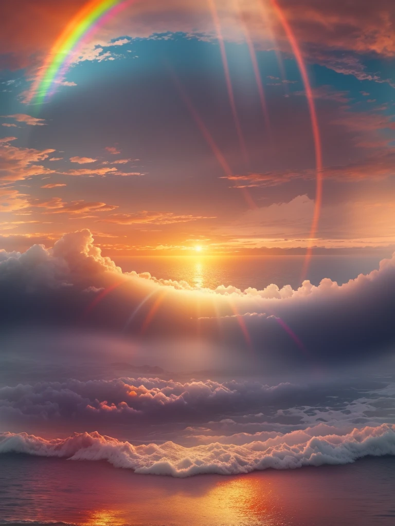 Breathtaking scene of a rainbow appearing over the tranquil ocean, a setting sun casting warm hues across the horizon, ultra-detailed representation, high quality rendering in 8k resolution.
