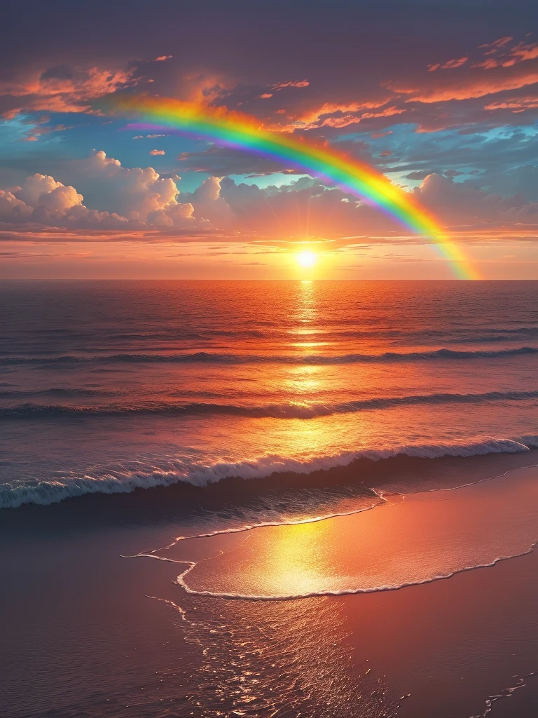 Breathtaking scene of a rainbow appearing over the tranquil ocean, a setting sun casting warm hues across the horizon, ultra-detailed representation, high quality rendering in 8k resolution.