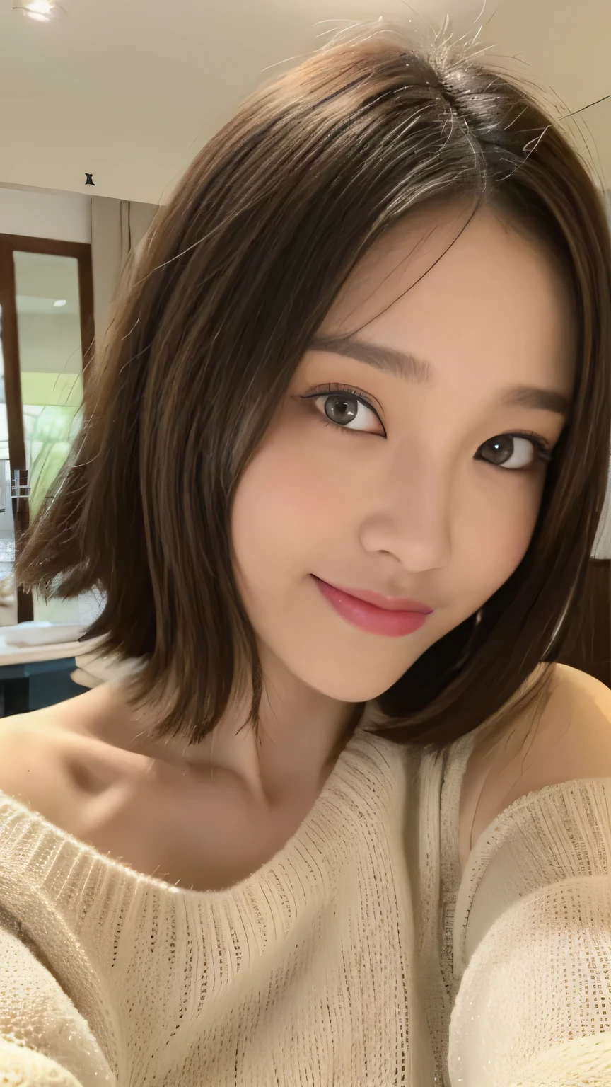 ((highest quality, 8K, masterpiece:1.3)), concentrated:1.2, Perfect body beauty:1.4, Hips:1.2, ((Delicate Hair)), (Colorful Solid Cold Shoulder Oversized Sweater、 :1.1) , ((highest quality、8K、masterpiece:1.3))、1 Girl、A sloppy smile、Esbian all over、Slim face、Big 、Beautiful woman、(Dark Brown Hair)、、1.1、Flickering Valley、Detailed eyes、double eyelid、Blurred Background、超Slim face、Looking down、garden、