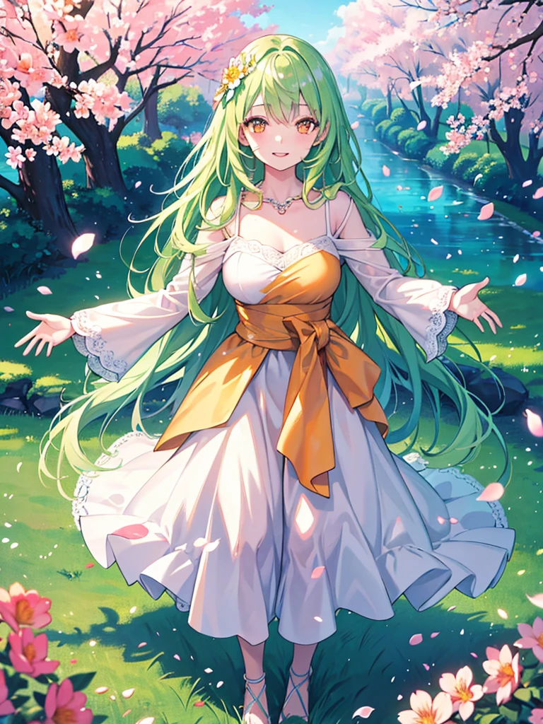 (best quality,4k,highres), realistic, HDR, full body, a girl, green long hair, pink dress, orange eyes, smiling, detailed beautiful eyes, detailed beautiful lips, head straight staring into the viewer, dancing position, warm light, blue sky, standing in the middle garden, vibrant colors, soft lighting, joyful expression, delicate facial features, flowing movement, vibrant and lively atmosphere, abundant flower petals, lush green grass, peaceful ambiance, surrounded by a variety of colorful flowers, gentle breeze, captivating and enchanting scenery.