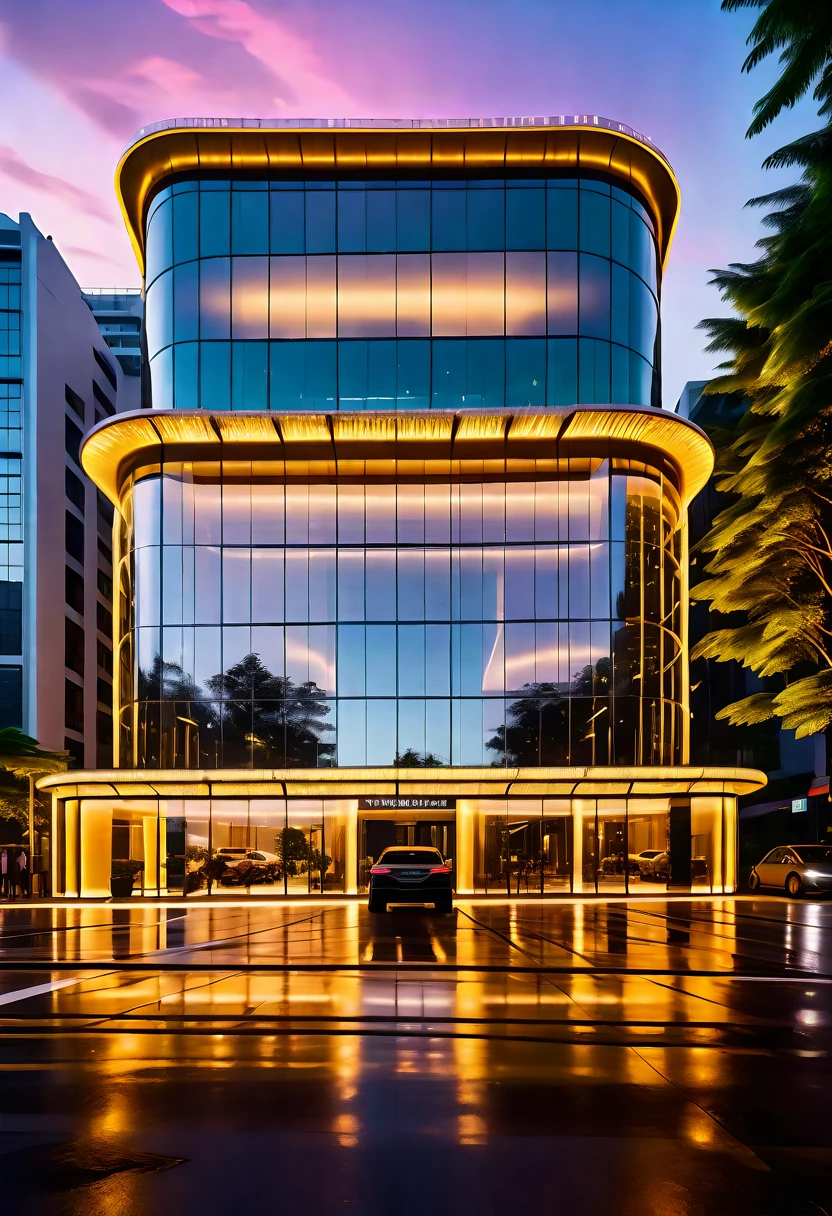 luxury entrance gate, luxury icon in public space, (glass facade with high reflection:1.2), (sunset time:1.2), plenty of cars and people, luxury ambience, luxury building surrounding, (neon light outline the building:1.2), (neon light on the street:1.2), (bright lighting at parapet:1.4), warm lighting, (plenty of high trees in front of building and surrounding:1.2) enhance the background with an artistic touch that reflects the beauty of nature RAW Photo, RAW texture, super realistic, 32K UHD, DSLR, soft lighting, high quality, film rating, Fujifilm XT3 