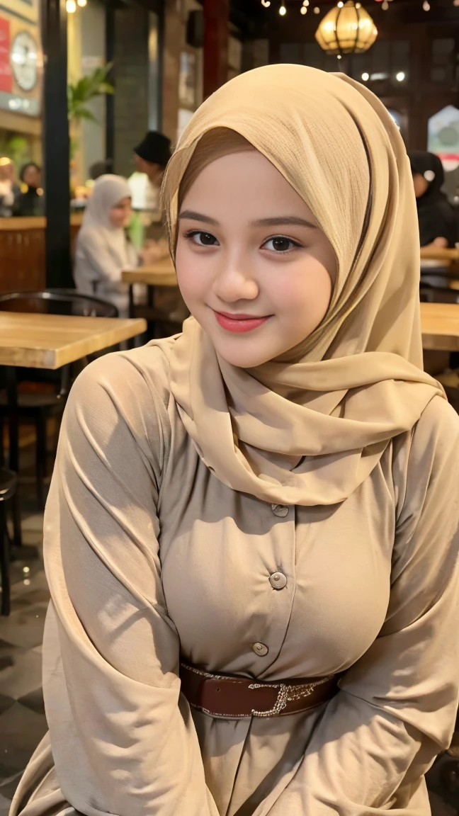 Selfie taken, See full body, luxury details, 8k, natural, realistic, amazing shots, ULTRA HD,
1 girl, 18 years old, smooth white face, white skin, smailing,  neat white teeth, big breasts, wearing a long white hijab covering the body, with decorations on the hijab, Muslim clothes for worship, beautiful face, beautiful black face, cute, curly eyelashes, beautiful eyes , sweet smile, sitting on the bed, Indonesian Muslim, realistic, atmosphere in the out door, in the cafe,