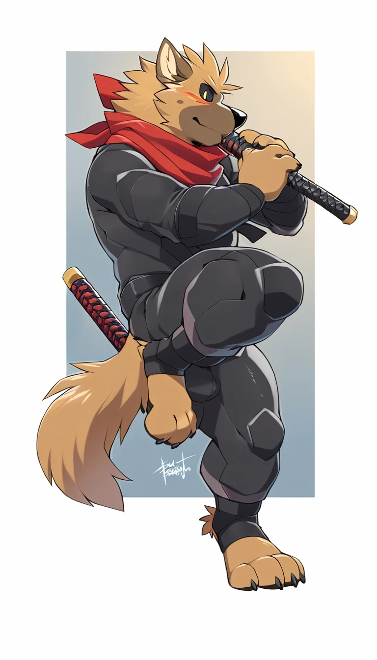 Anthropomorphic hyena,Black Ninja Suit,red scarf,Holding a samurai sword,barefoot,Plush paws,Fluffy tail,Takemoto Arashi,Slightly fat,Full figure,plump face,Black sclera,white pupils