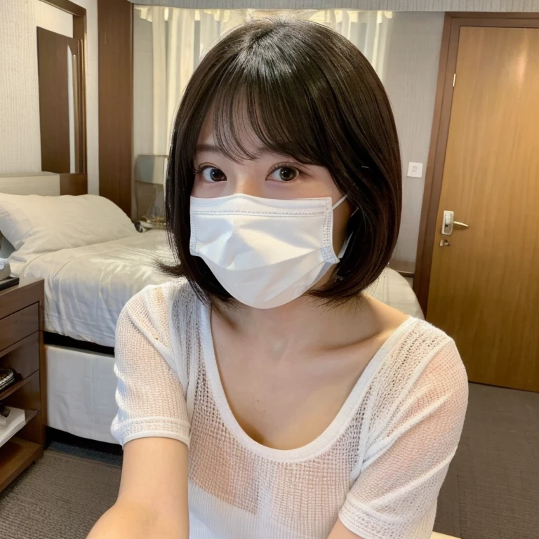 Bob Hairstyle、selfie from above、More natural selfies、Selfie taken with an iPhone、((Selfie style in my room)),((student))、((very young))、((very cute))、((So adorable))、((Please wear a white non-woven mask)),highest quality, masterpiece, Ultra-high resolution, (Realistic:1.4), RAW Photos, Very detailed, Perfect Anatomy, 1 girl, 18-year-old, Famous Japanese Idols, Front view, Crotch close-up,, ((Accentuate your breasts))