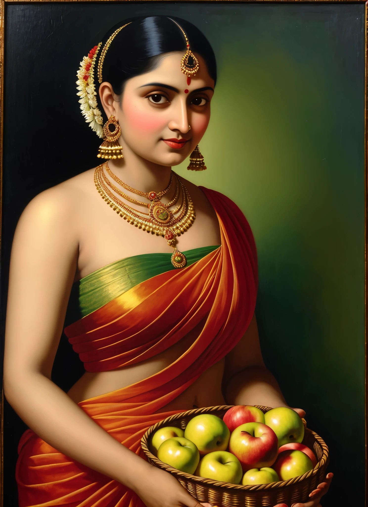 painting of a woman holding a basket of apples in her hands, inspired by Raja Ravi Varma, by Raja Ravi Varma, inspired by T. K. Padmini, szukalski ravi varma, portrait of a goddess, portrait of a beautiful goddess, a stunning portrait of a goddess, traditional beauty, portrait of modern darna, indian art