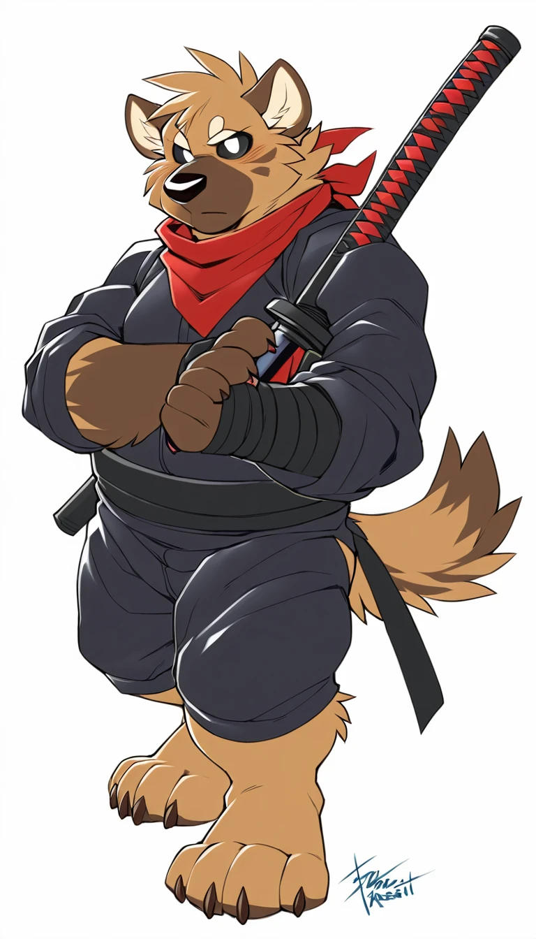 Anthropomorphic hyena,Black Ninja Suit,red scarf,Holding a samurai sword,barefoot,Plush paws,Fluffy tail,Takemoto Arashi,Slightly fat,Full figure,plump face,Black sclera,white pupils