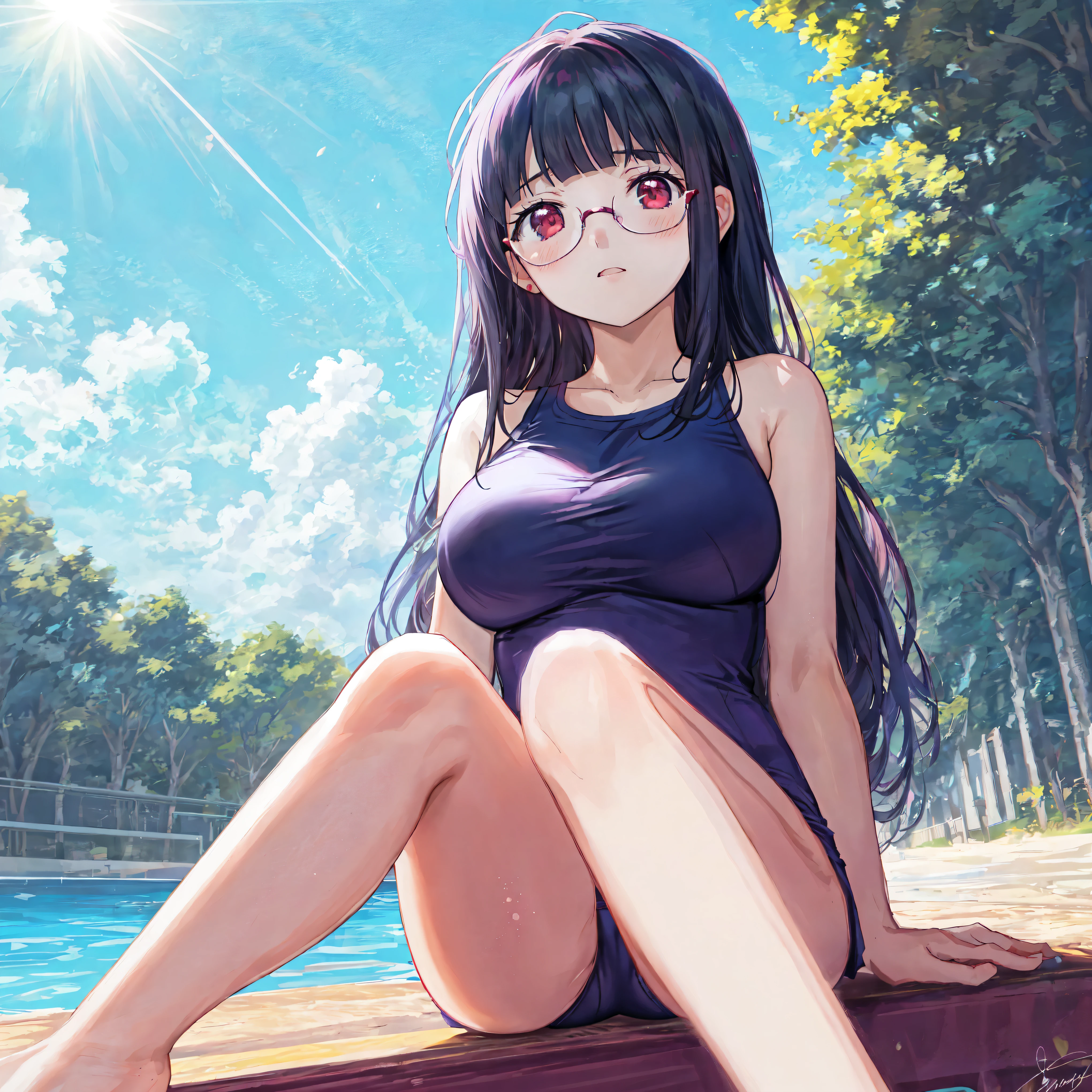 Beautiful illustrations, highest quality, High-quality backgrounds,pretty girl,From Below,Sit with your knees up,Off-the-shoulder jersey,school swimsuit,long blunt bangs hair,{{beautiful large breasts 1:4}},blush,high school girl,School swimming pool,Glasses,Droopy eyes,Photoreal 1;4,{{beautiful wine red eye1:4}},{{look far away}},black hair,Five fingers