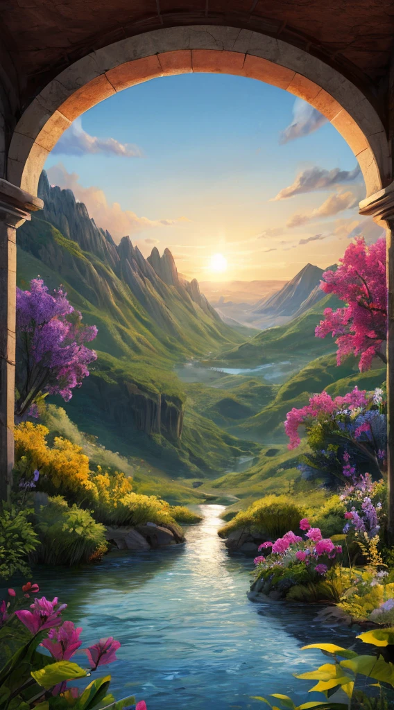 Imagine an unforgettable landscape that reveals the beauty and greatness of God in every realistic detail. It is a scenario that transcends human understanding, onde a natureza se une em harmonia para criar uma obra-prima divina. Nesta paisagem, you find yourself in front of majestic mountains, that stand towering towards the sky. Suas alturas parecem tocar as nuvens, while its slopes display lush vegetation, a tapestry of green tones and colorful flowers. Nos vales abaixo, clear rivers flow serenely, reflecting the sunlight that shines brightly in the sky. The water is crystal clear, como se fosse um espelho que revela a pureza e a vida que carrega. Em suas margens, Shade trees provide shade and shelter for a wide variety of animals and birds, that seem to dance in harmony with nature. No horizonte, The sun sets in a divine spectacle. O dourado, Orange and pink colors paint the sky in a true celestial picture. It's as if God is pouring His palette of colors into the world, creating a spectacle of light and beauty impossible to replicate. When contemplating this magnificent landscape, you feel the presence of God in a deep and comforting way. The grandeur of divine creation is evident in every detail of the landscape. Todas as montanhas, todos os rios, every ray of the sun is a testimony to the power and beauty of God. Nesta paisagem that shows the beauty of God, You feel small in the face of the vastness and perfection of creation. It is an invitation to marvel at the divine work, agradecer pelas maravilhas da natureza, e se sentir conectado ao divino. It is a reminder that God is present in all things, in the beauty of nature and in the depth of our hearts.