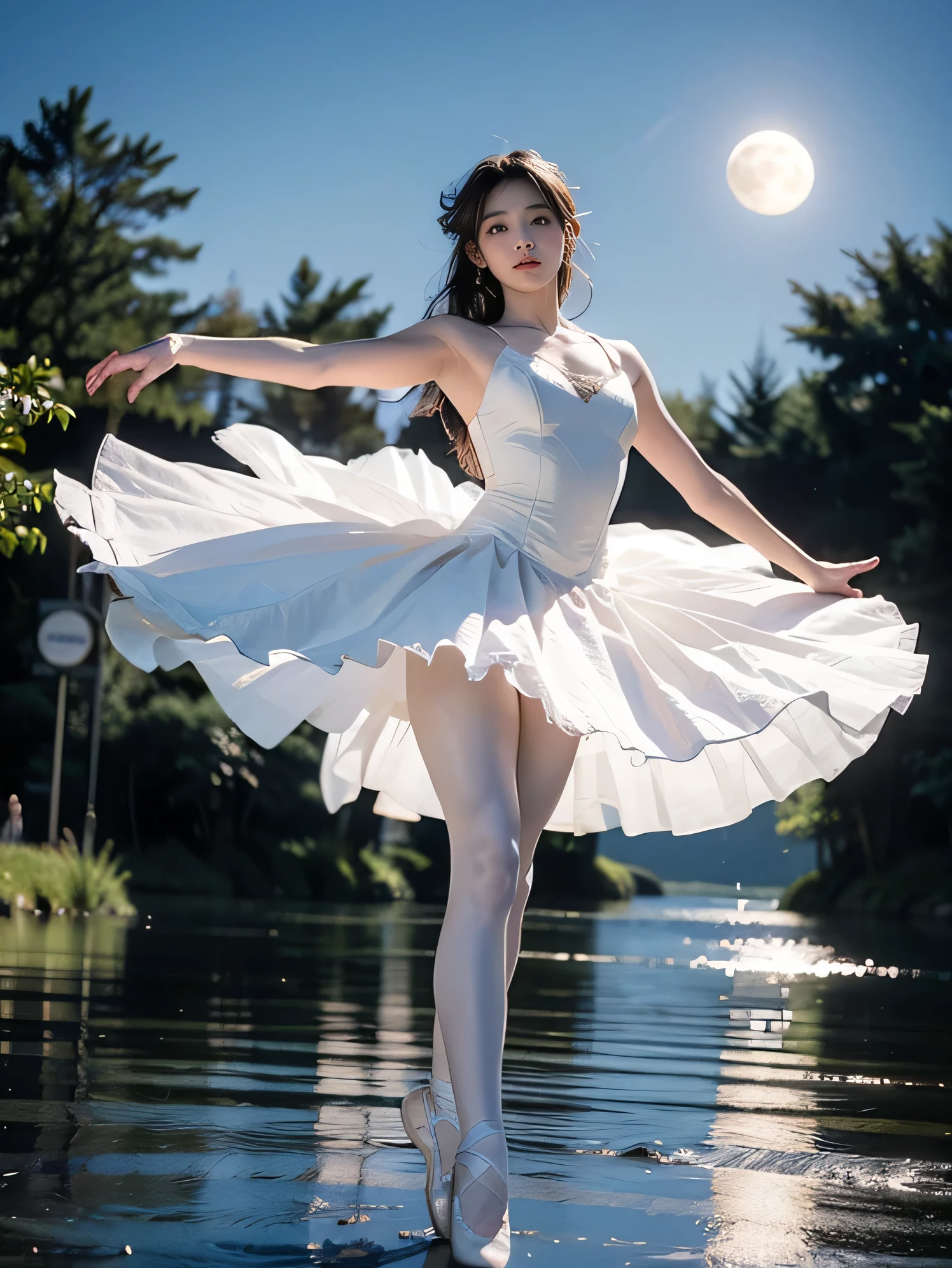 fancy, high quality, 8K, realistic,photo realistic,RAW photos,photography,high resolution, ultra high definition, best quality,dramatic lighting, glitter effect, from below, midnight, moon, ballet、Swan Lake、lake in deep forest、I see a castle in the distance、whole body、((Giant Werewolf Muscular Beast)) From Disney&#39;s Beauty and the Beast, ,break, A prima donna girl gracefully dances ballet in the moon on a mysterious lake.、Arabesque pose、、1 girl、((Luxurious and delicate white tutu)),semi long hair,black hair,black eye、beautiful feet、ballet pointe shoes, Peeking from below、straddle the camera、