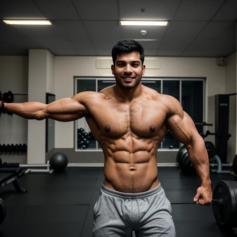 Very handsome,north Indian,22 year old man with muscular physique, wearing cargoes, smiling, in a well-equipped gym. There are multiple people in the background, engaged in various exercises and workouts. Gym equipment such as dumbbells, weight machines, treadmills, and exercise mats can be seen in the surroundings. The lighting in the gym is dim, creating a moody and slightly dramatic atmosphere. The photograph has an amateur quality, taken from a low angle to capture the subject's strength and determination.