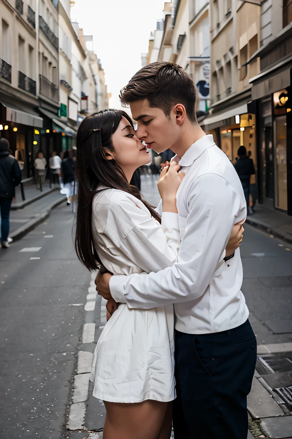 a white 20 years old man wearing a white shirt with long sleeves kissing a Japanese woman in the street of Paris
