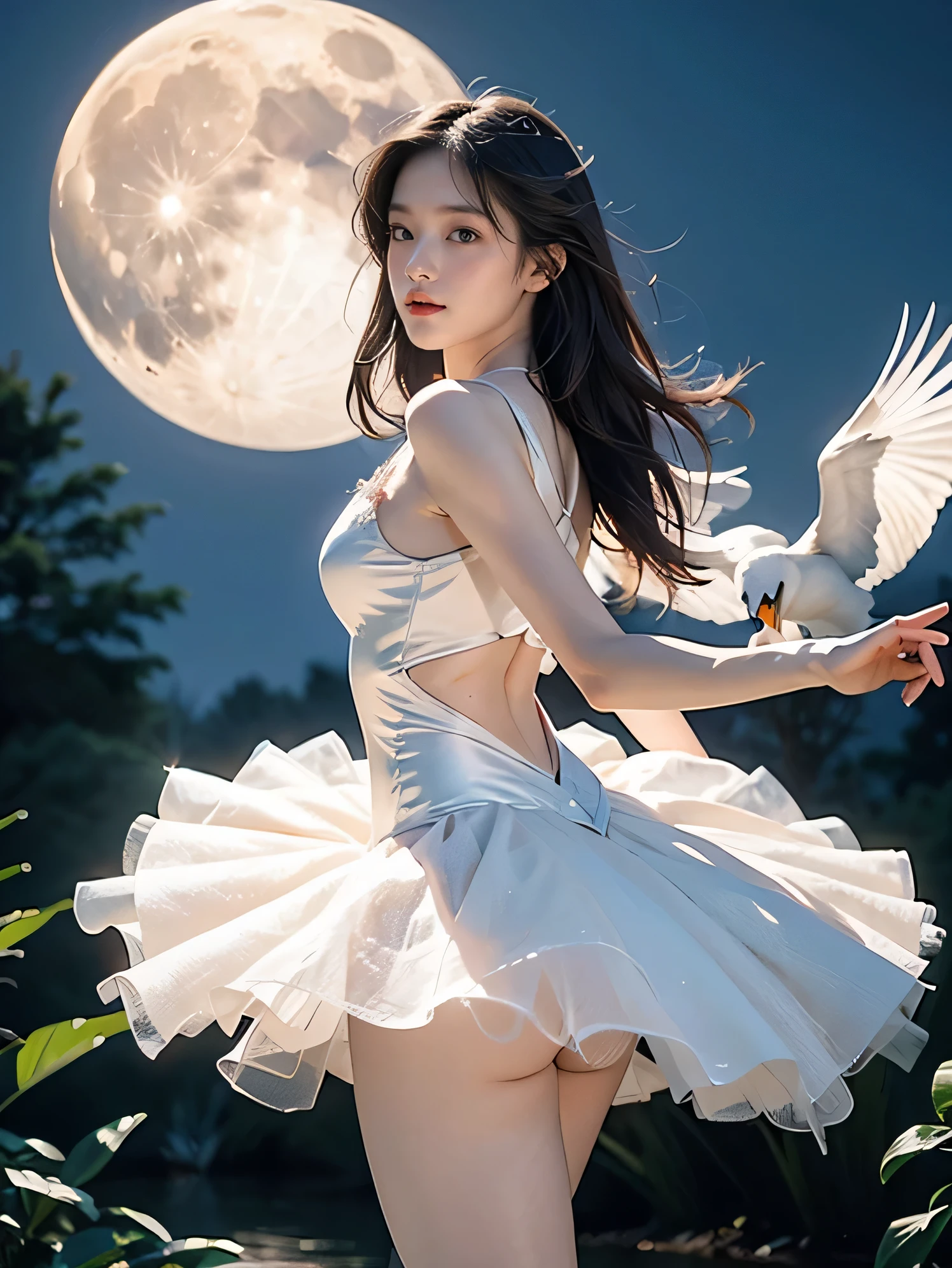 fancy, high quality, 8K, realistic,photo realistic,RAW photos,photography,high resolution, ultra high definition, best quality,dramatic lighting, glitter effect, from below, midnight, moon, ballet、Swan Lake、lake in deep forest、whole body,break,
A prima donna girl gracefully dances ballet in the moon on a mysterious lake.、Arabesque pose、、1 girl、((Luxurious and delicate white tutu)),semi long hair,black hair,black eye、beautiful feet、ballet pointe shoes, Peeking from below、straddle the camera、