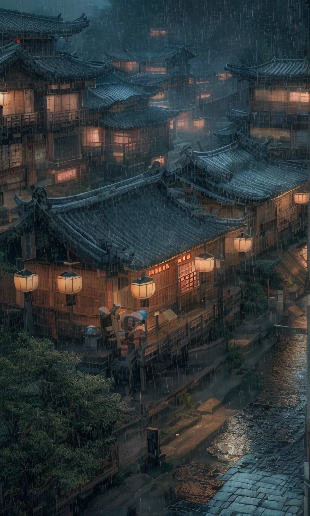 arafed view of a village with a lot of lights on the buildings, dreamy chinese town, chinese village, amazing wallpaper, japanese town, japanese village, hyper realistic photo of a town, old asian village, japanese city, by Raymond Han, rainy evening, cyberpunk chinese ancient castle, beautifully lit buildings, at evening during rain, beautiful and aesthetic, photography, cinematic, 8k, high detailed ((Heavy rain)))