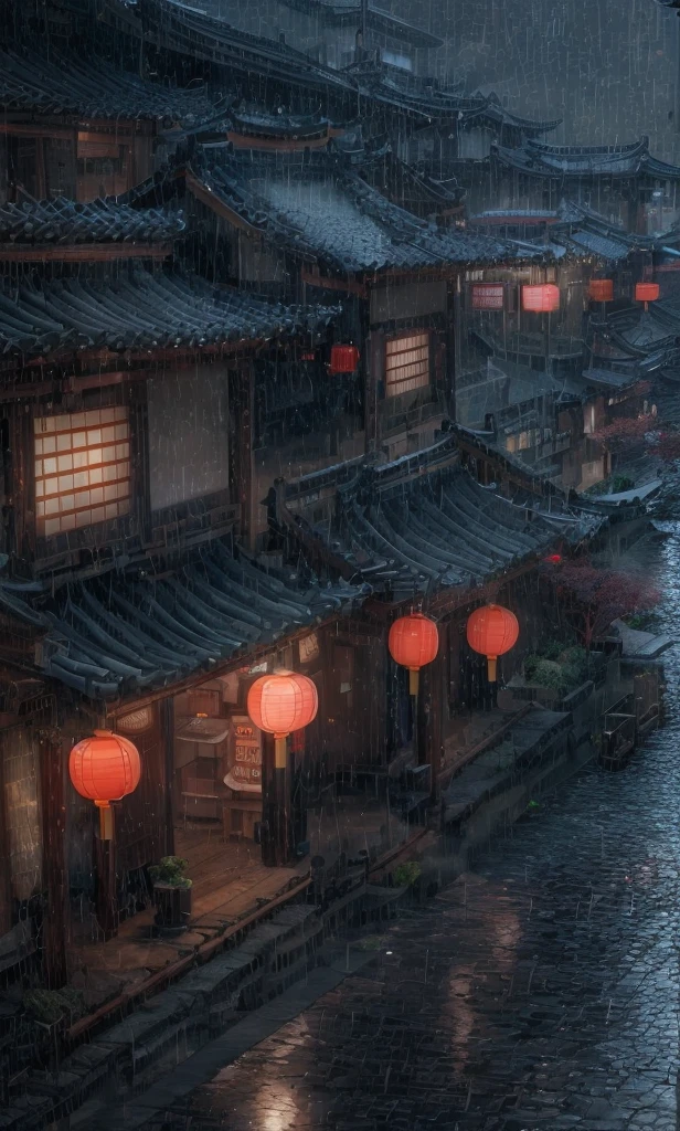 arafed view of a village with a lot of lights on the buildings, dreamy chinese town, chinese village, amazing wallpaper, japanese town, japanese village, hyper realistic photo of a town, old asian village, japanese city, by Raymond Han, rainy evening, cyberpunk chinese ancient castle, beautifully lit buildings, at evening during rain, beautiful and aesthetic, photography, cinematic, 8k, high detailed ((Heavy rain)))