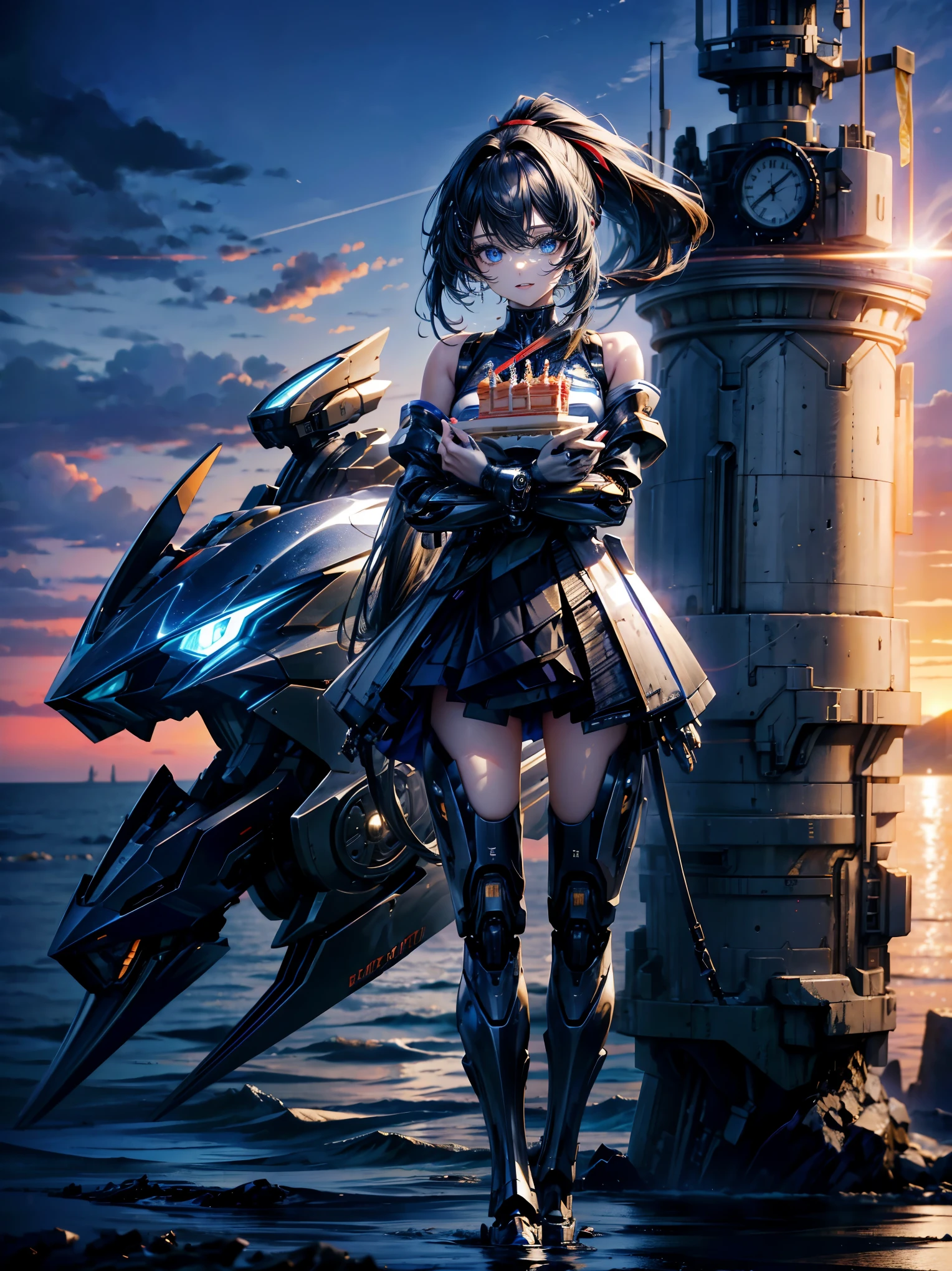 Hyper Quality、8K quality、High resolution、Image quality captured with a single-lens reflex camera、(SFW)、Perfect Anatomy、Mecha Girl、Black hair ponytail、16 year old beautiful girl.Blue Eyes、A three-dimensional, realistic mechanical suit、(Mechanical parts below the elbows and knees:1.2)(Modern Landscape、Sea at sunrise:1.4)(Perfect Anatomy:1.4)BREAK(Birthday cake🎂、Holding a whole cake:1.5)
BREAK