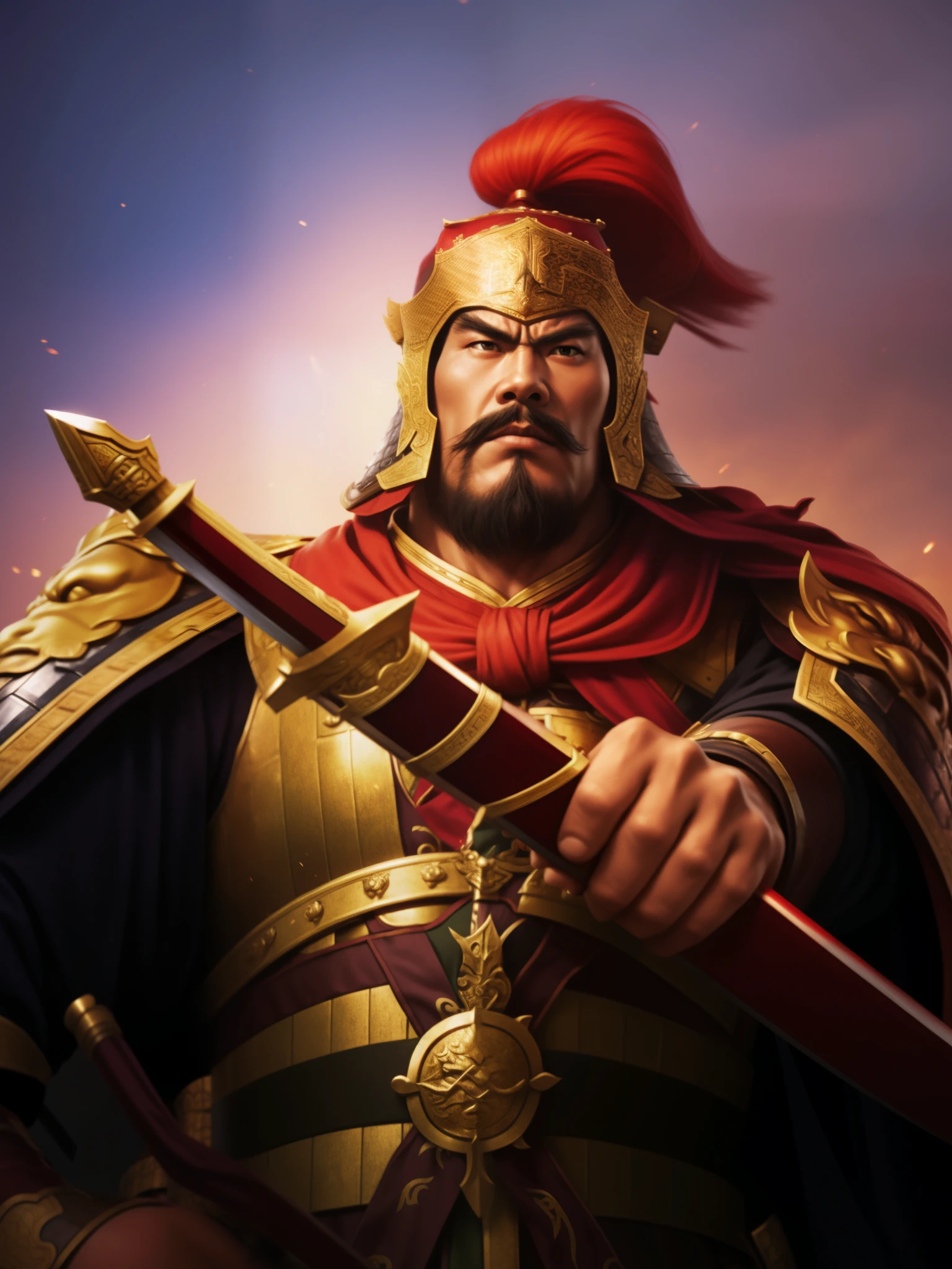 One is wearing armor、Close-up of a man holding a sword, bian lian, China Three Kingdoms, photo of adult male warrior, chinese warrior, Mongol, an angry muscular army general, , royal emperor, guan yu, roman emperor, xianxia hero, god emperor, Inspired by Hu Zaobin, persian warrior, emperor, proud emperor