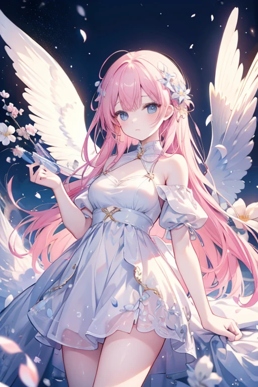 masutepiece, Best Quality, 8K, Complex and detailed environments, Anime, Watercolor illustration, Colorful, Bright colors, capricious, glowing lights, Otherworldly liquid, Fairy Light, Beautiful girl in flowing liquid glowing dress, Perfect face,Beautifully aligned fingers、 Golden ratio, Sparkling eyes, watercolor paiting, Liquid Light, Angel wings、Wind Spirit、Wearing flowers that invite dreams、