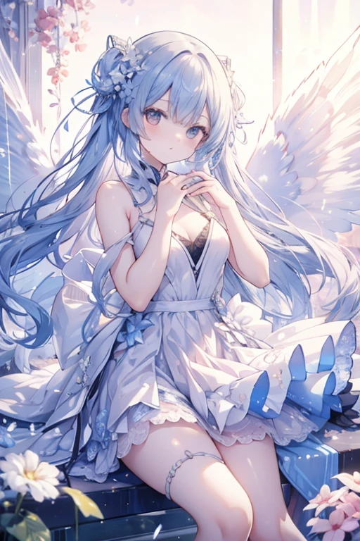 masutepiece, Best Quality, 8K, Complex and detailed environments, Anime, Watercolor illustration, Colorful, Bright colors, capricious, glowing lights, Otherworldly liquid, Fairy Light, Beautiful girl in flowing liquid glowing dress, Perfect face,Beautifully aligned fingers、 Golden ratio, Sparkling eyes, watercolor paiting, Liquid Light, Angel wings、Wind Spirit、Wearing flowers that invite dreams、