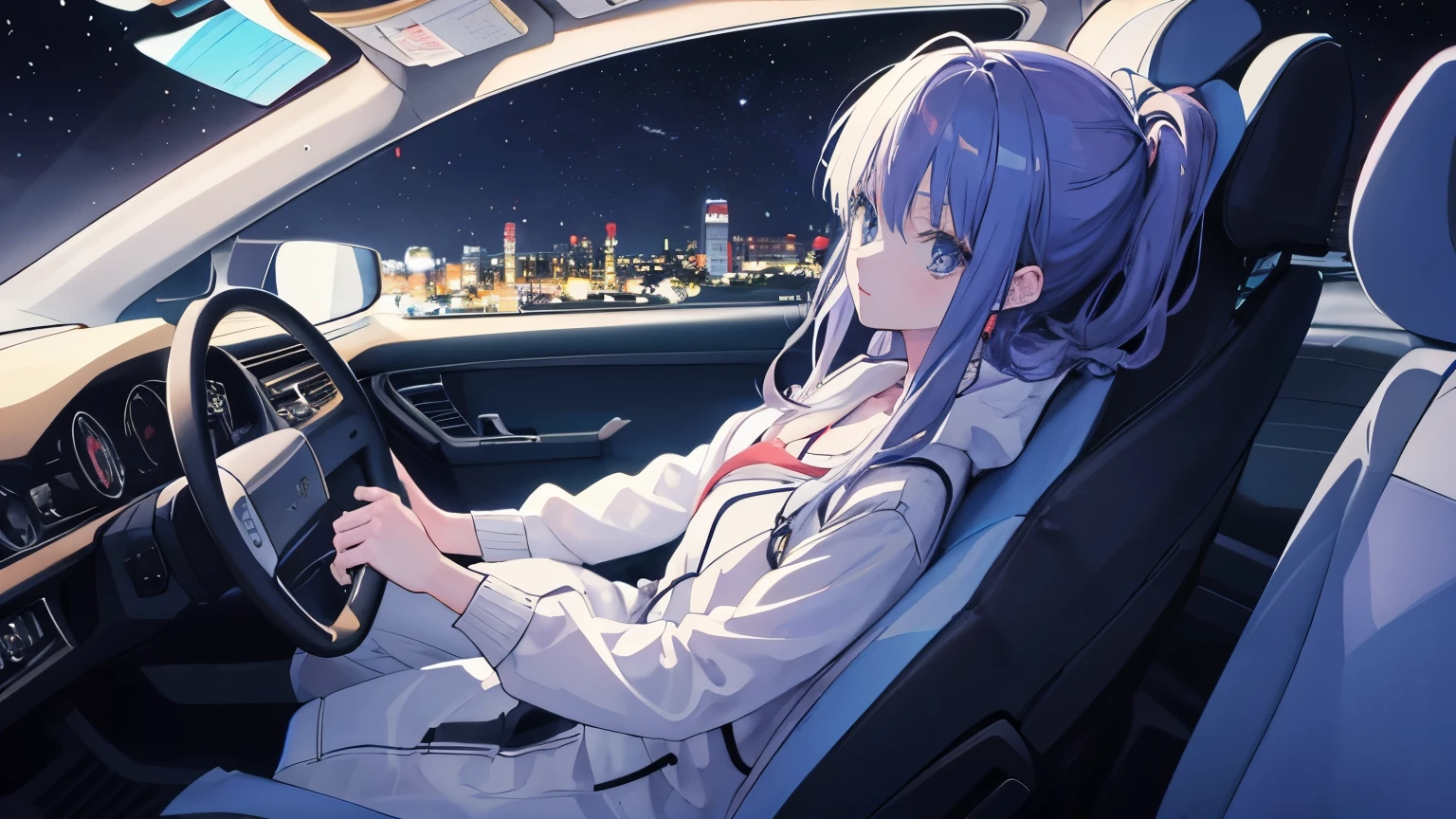 a girl inside a car driving with her hands on the steering wheel, a side shot where you can see her, the seat and the steering wheel at night ((anime 1980 art))