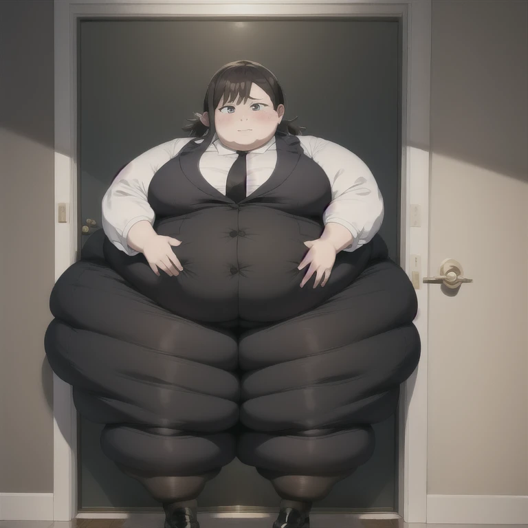 masterpiece, 1girl behind a doorway, from front, (doorstuck, stuckfront:1.3), wide hips, thick thighs, big tits, hourglass figure, colorful clothing, wearing suit and tie and formal pants, upset, standing, full body,