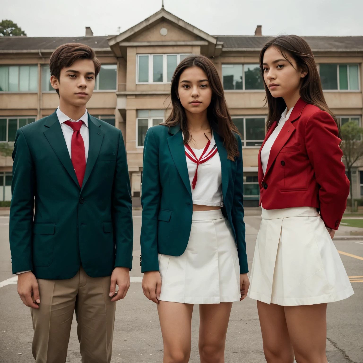 A school building in the background
Two pairs of students, each consisting of one boy and one girl in the first pair boy is wearing a red blazer and holding a red flag
The girl in the first pair is standing beside him, looking towards him or holding her own flag.
The boy in the second pair is wearing a green blazer and holding a green flag
The girl in the second pair is standing beside him, mirroring the posture of the first pair.