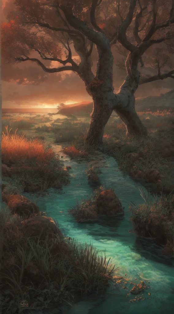Beautiful sunset landscape photography, masterpiece, CG Society trend, 4K, 8K, HD, [Art Station: 1], concept art, high definition, sharp focus, [Subsurface scattering: 1], art by Gabriel Lekesian and Abbas