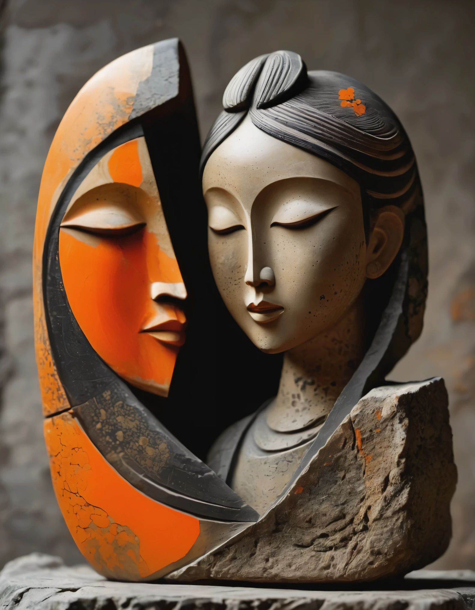 一座破损的irregular石头内的中国女孩头像内部石雕，Ancient rhyme four colors(Black、orange、Brown、Ash)，Mottled and rustic、Thick outside and fine inside、Looks dirty，But it&#39;s actually very clean，Internal carving，broken rocks，old，irregular，Stone splicing，rock background , Rock statues, by Li Mei-shu, Beautifully depicted, Mysterious Ceramic Statue,   centered portrait, 